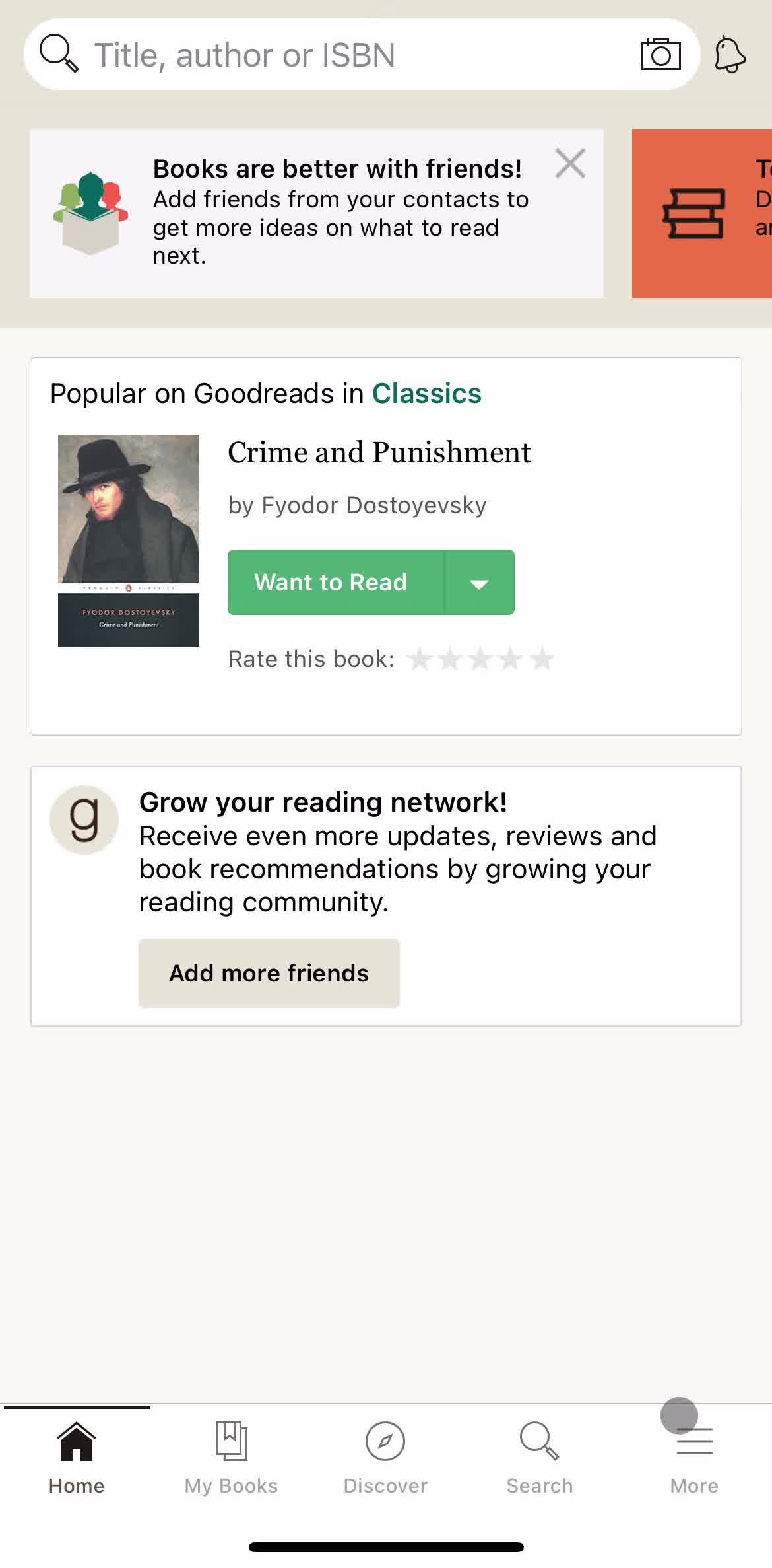 Goodreads Home screen in the Settings flow