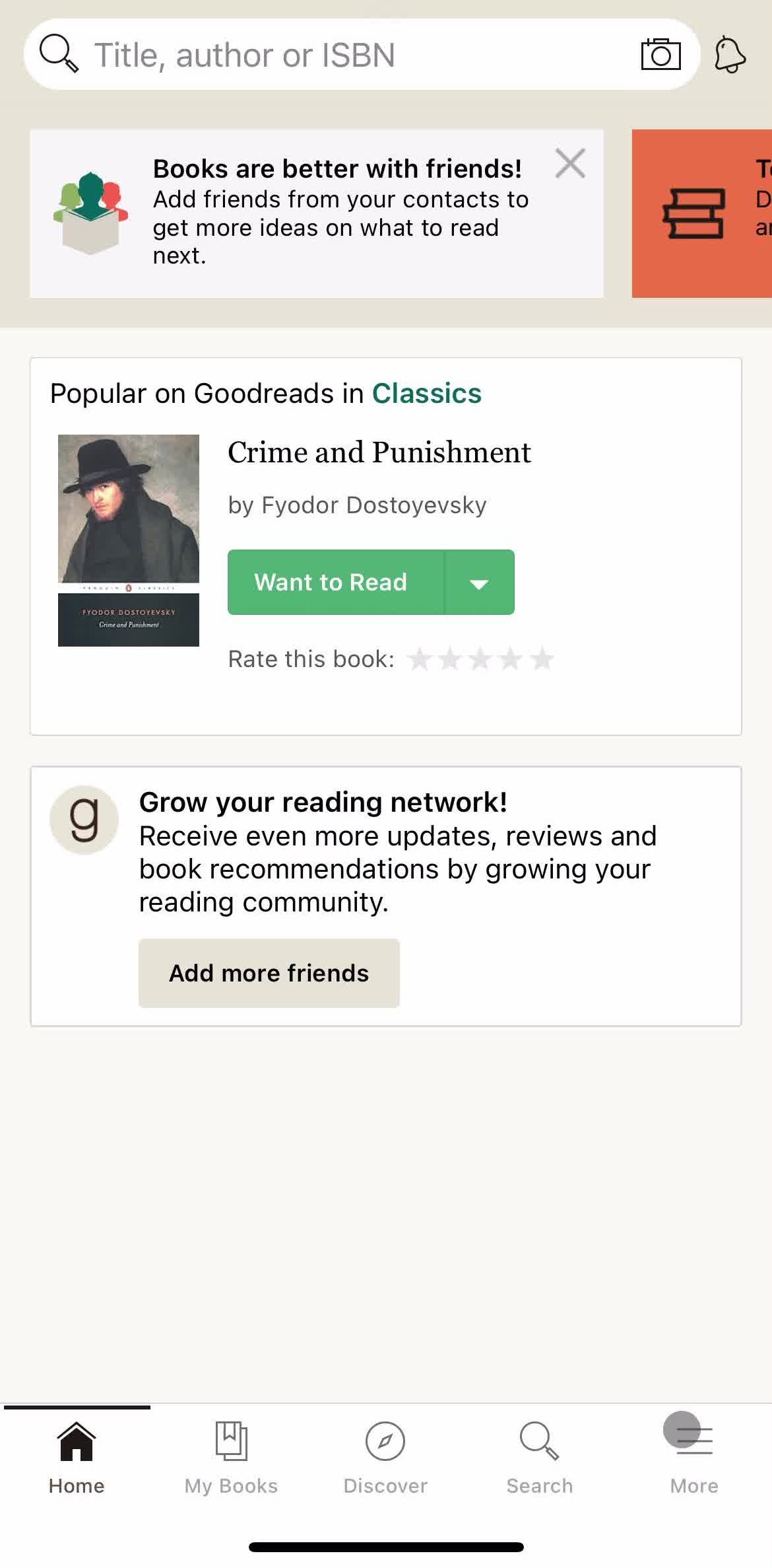 Goodreads Home screen in the Updating Your Profile flow