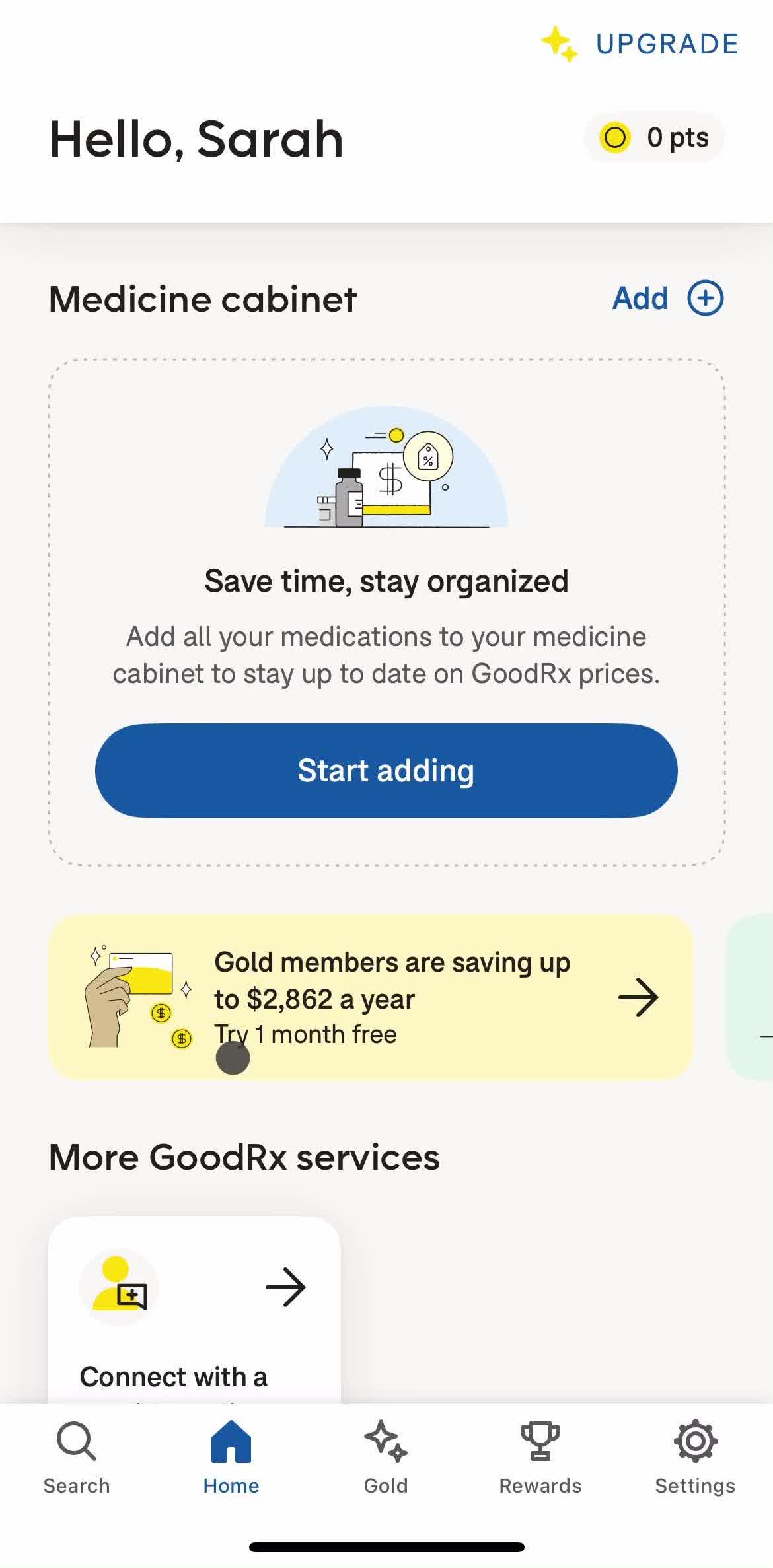 Goodrx Home screen in the Connecting With A Provider flow