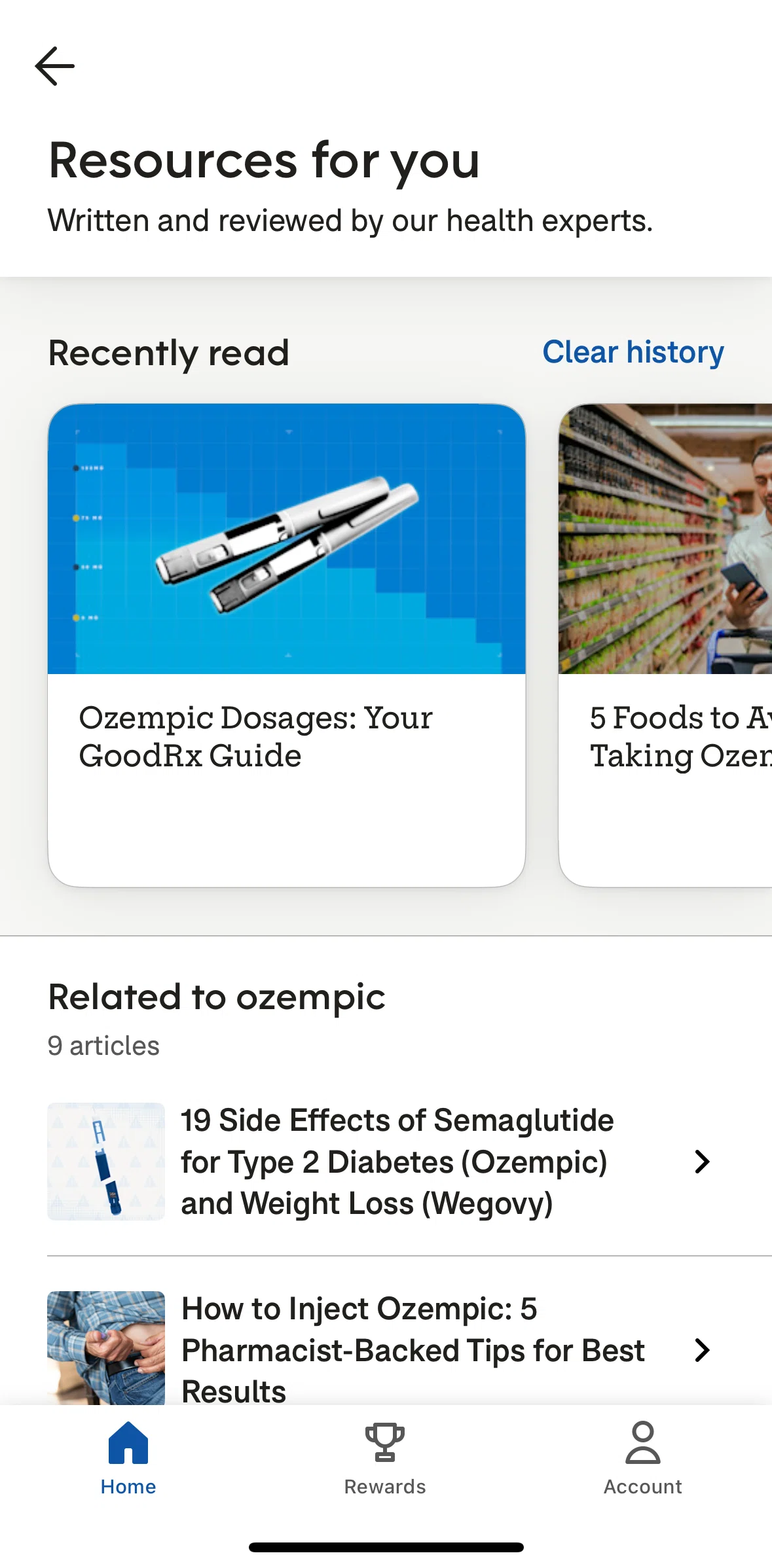 Goodrx Screen screen in the Deleting reading history flow