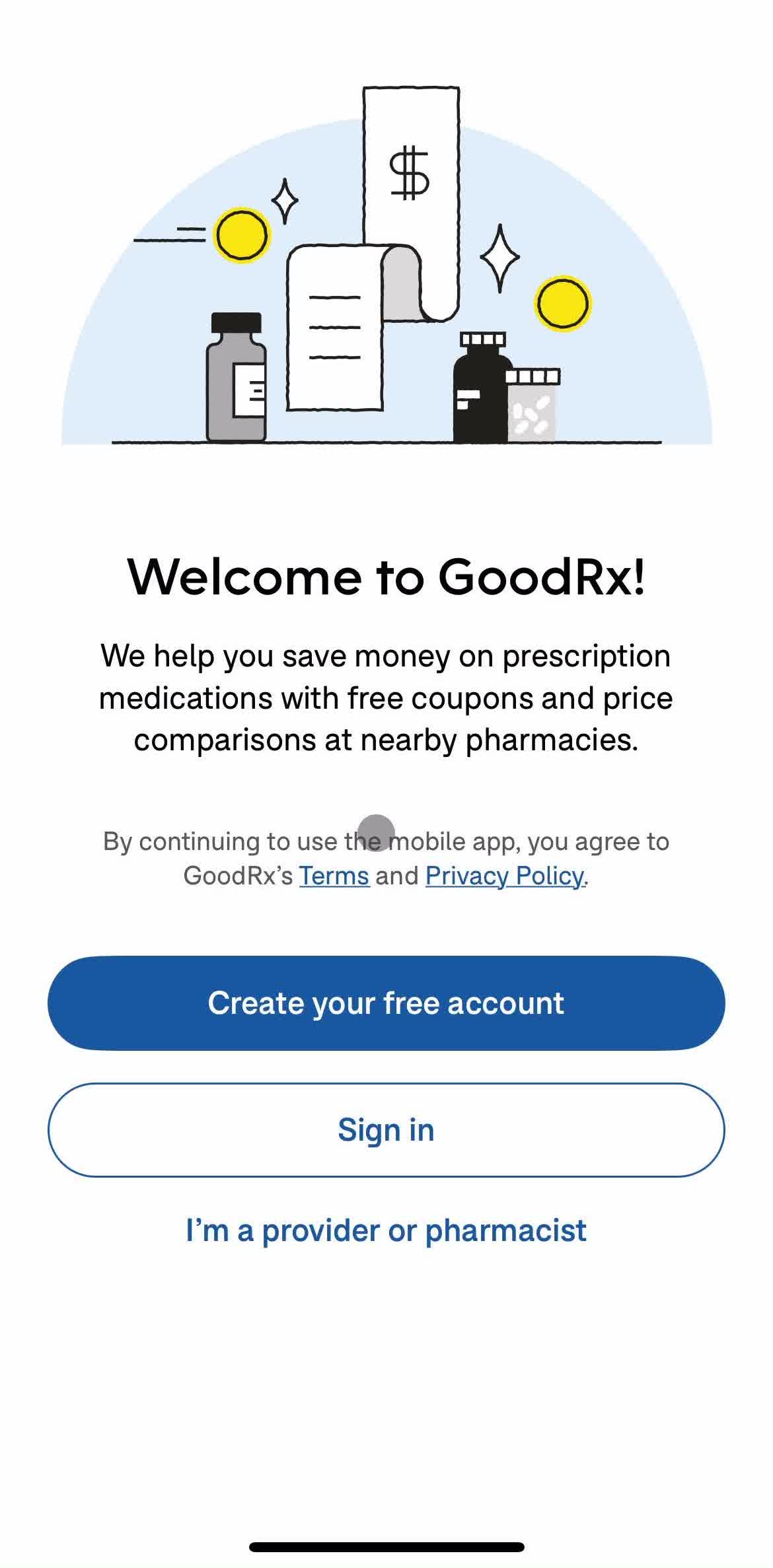 Goodrx Welcome screen in the Logging In flow