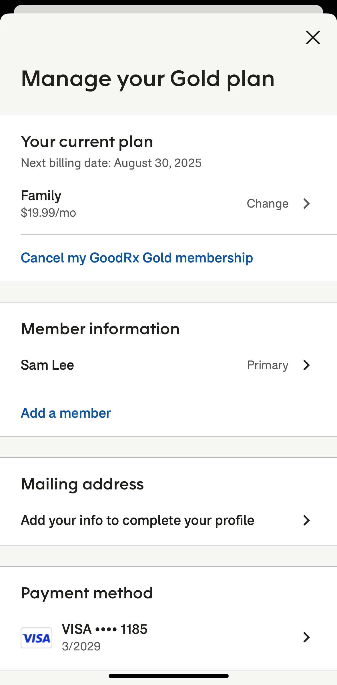 Goodrx Screen screen in the Payment method flow