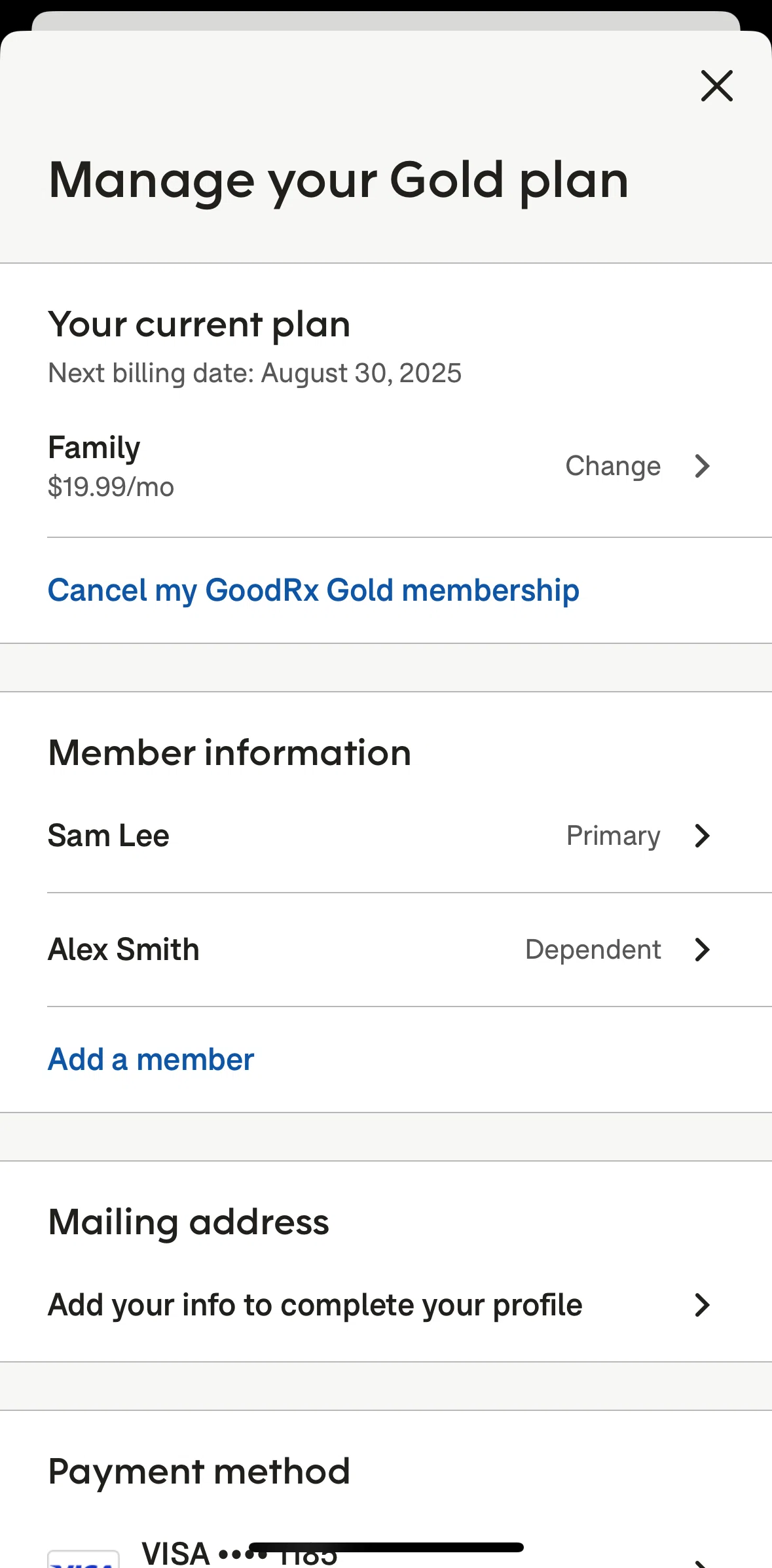Goodrx Screen screen in the Removing a member flow
