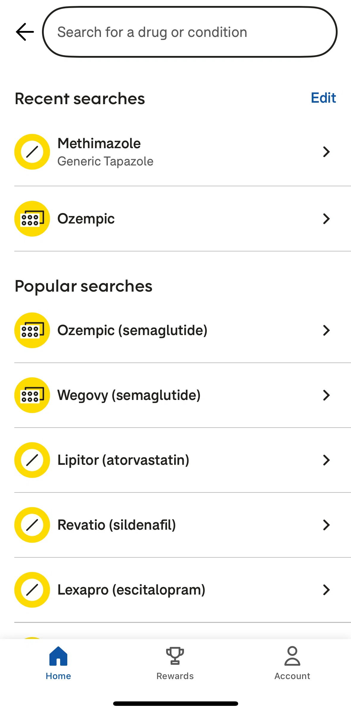Goodrx Screen screen in the Removing a recently searched item flow