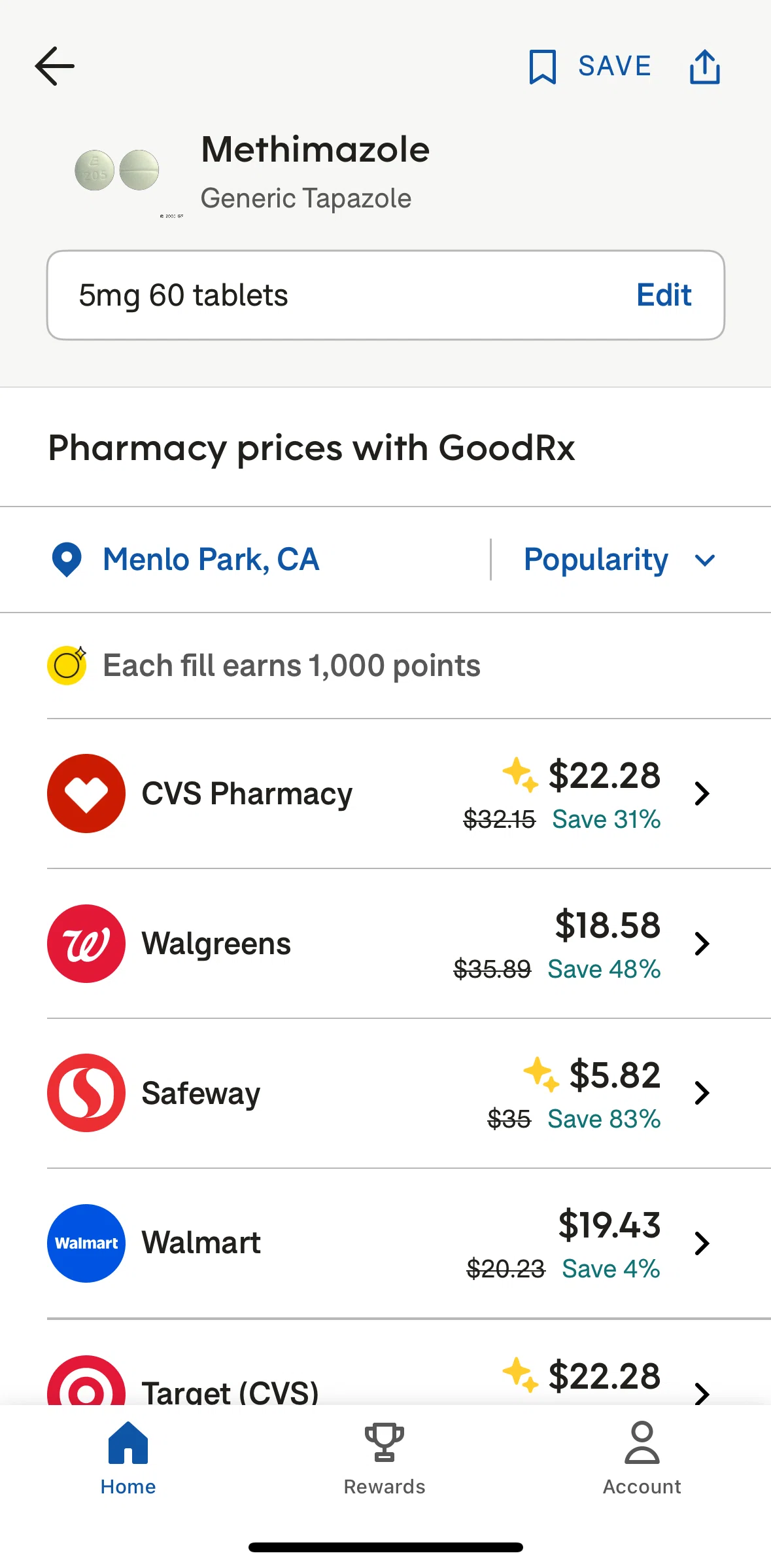 Goodrx Screen screen in the Saving a prescription to a medicine cabinet flow