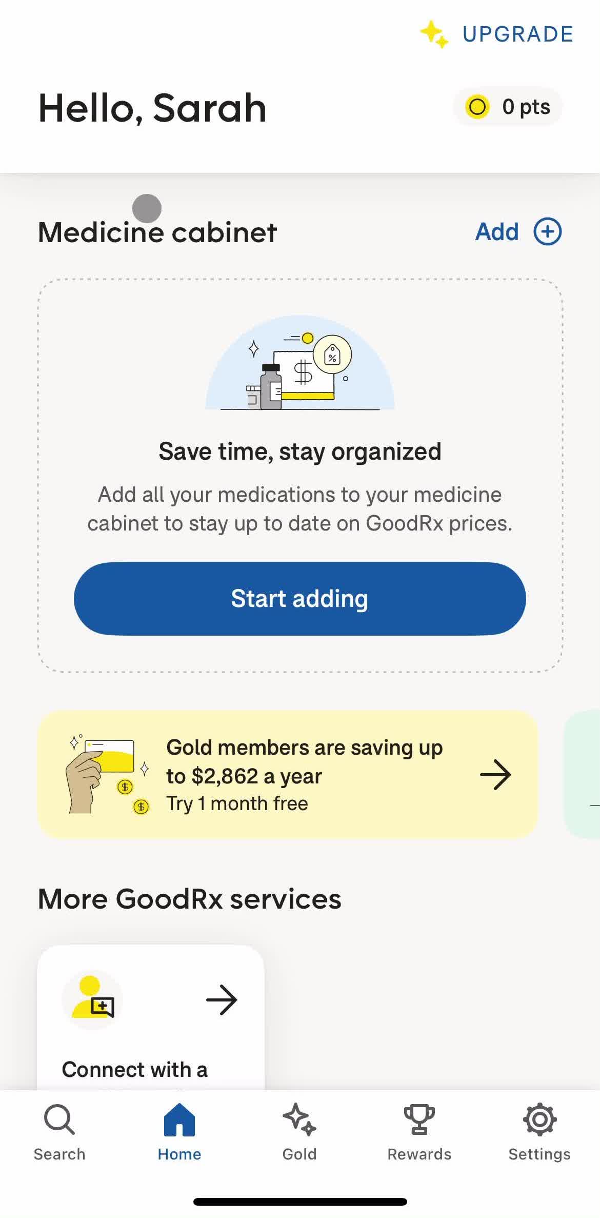 Goodrx Home screen in the Searching flow