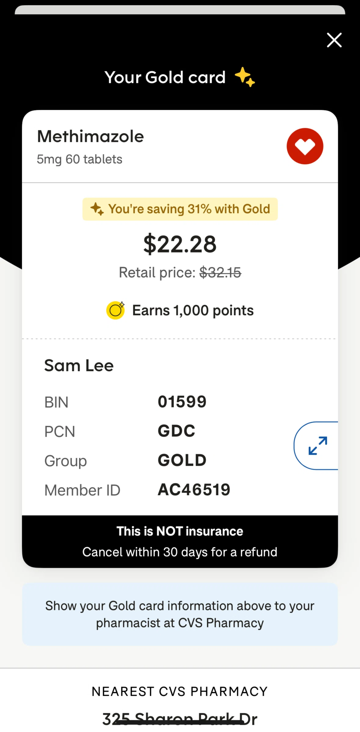 Goodrx Screen screen in the View gold card information flow