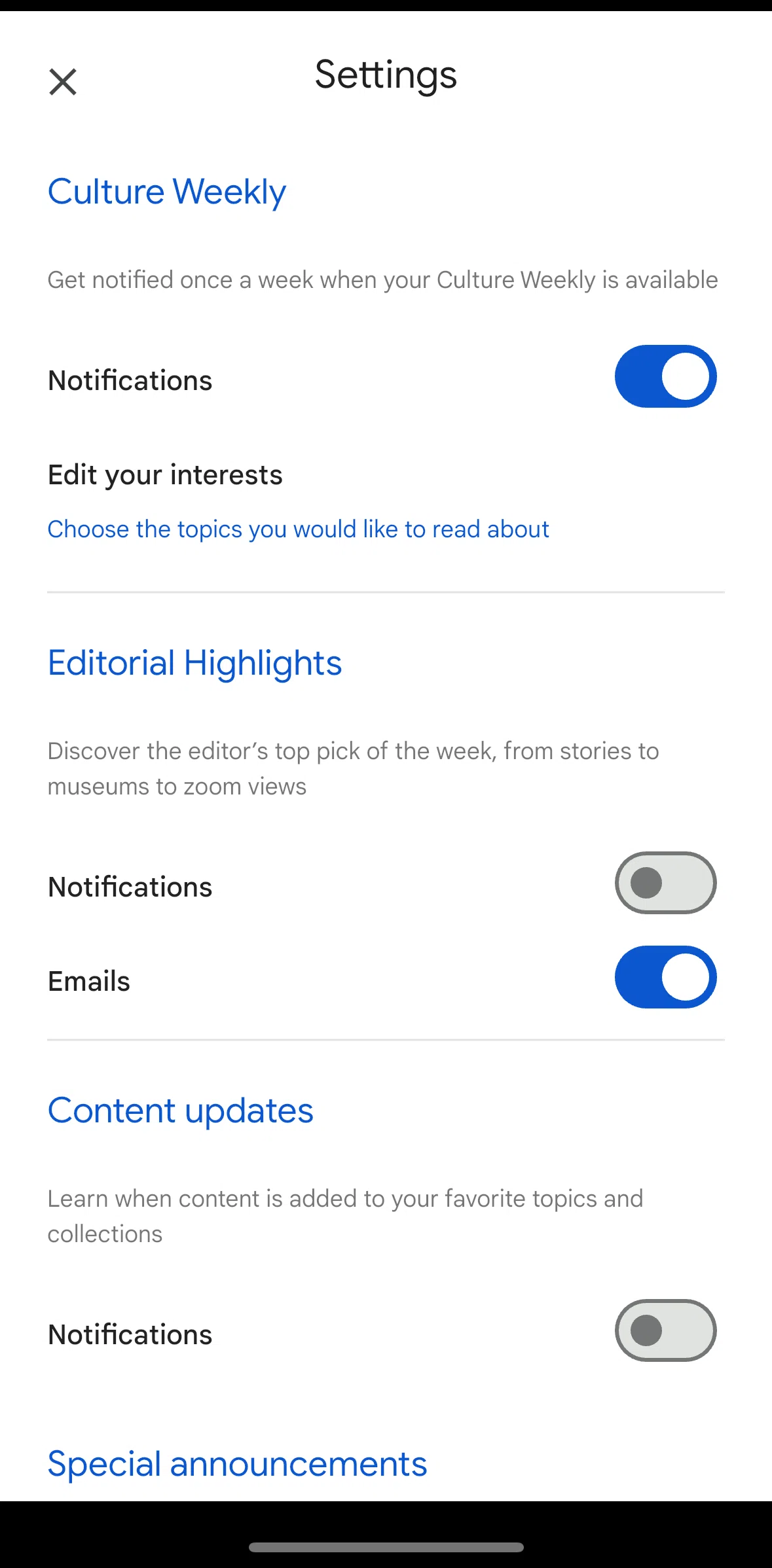 Google Arts & Culture Screen screen in the Editing interests flow