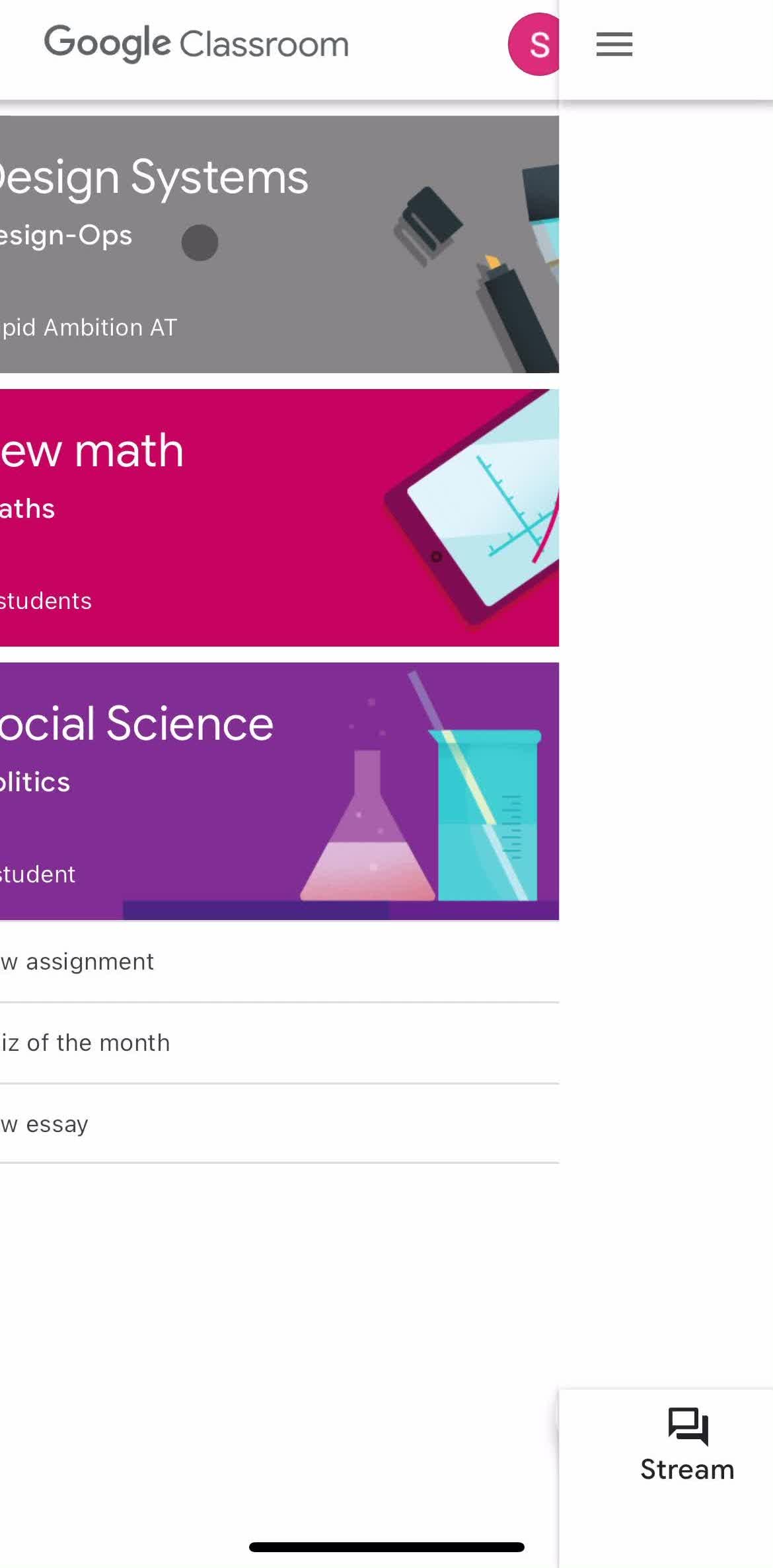 Google Classroom Home screen in the Commenting flow