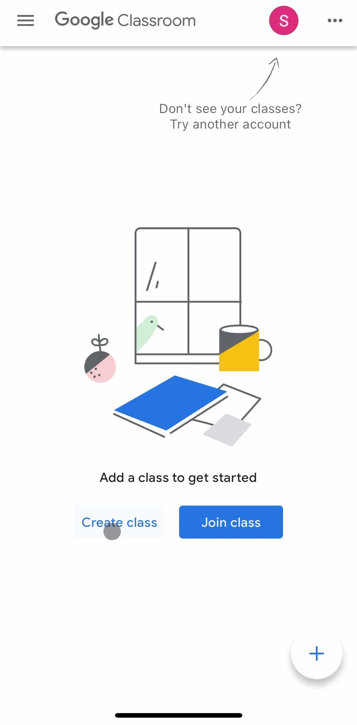 Google Classroom Home screen in the Creating A Class flow
