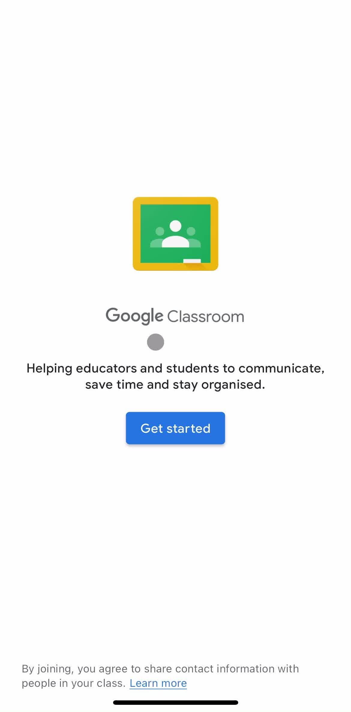 Google Classroom Get started screen in the Logging In flow
