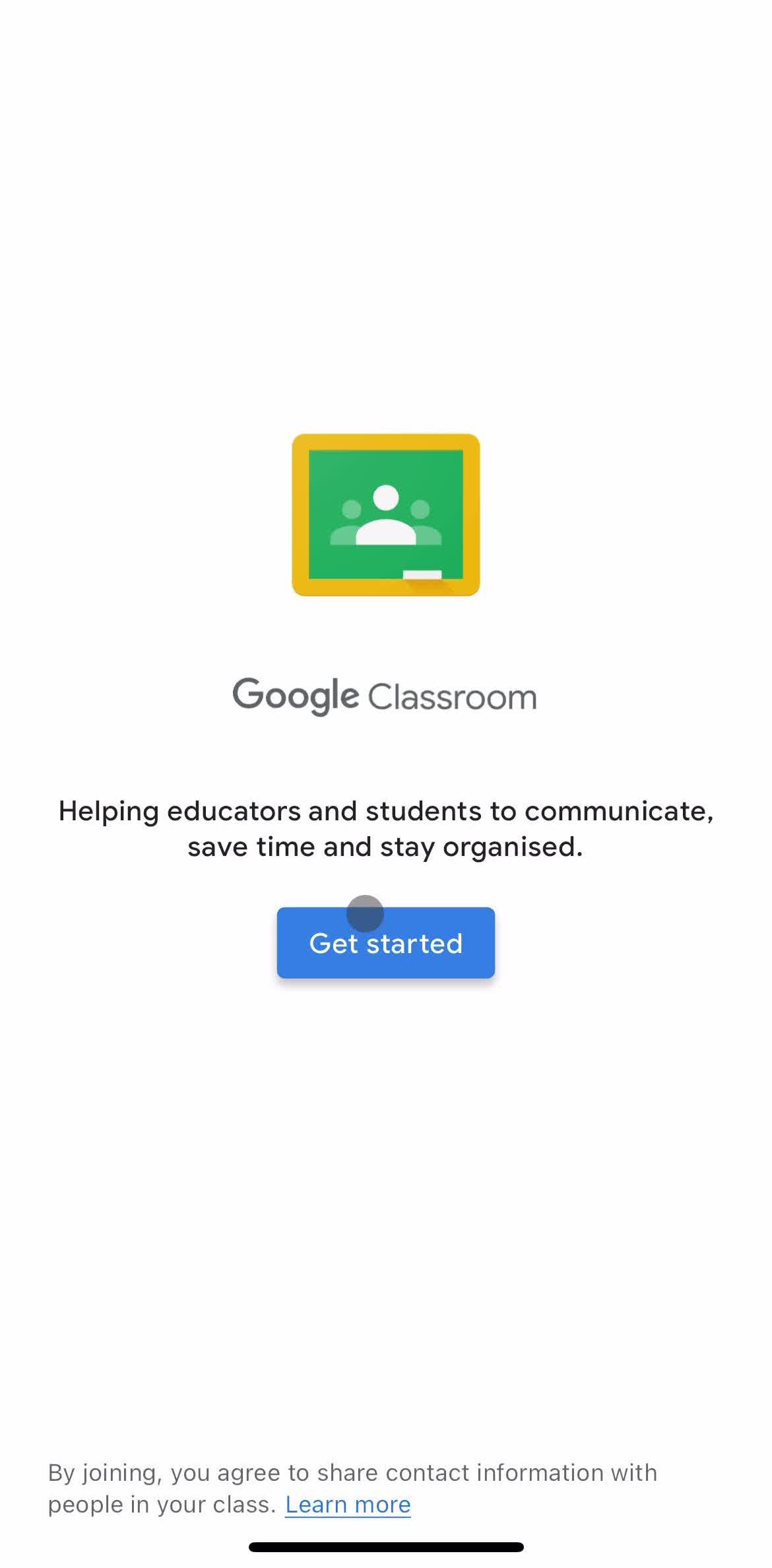 Google Classroom Get started screen in the Onboarding flow