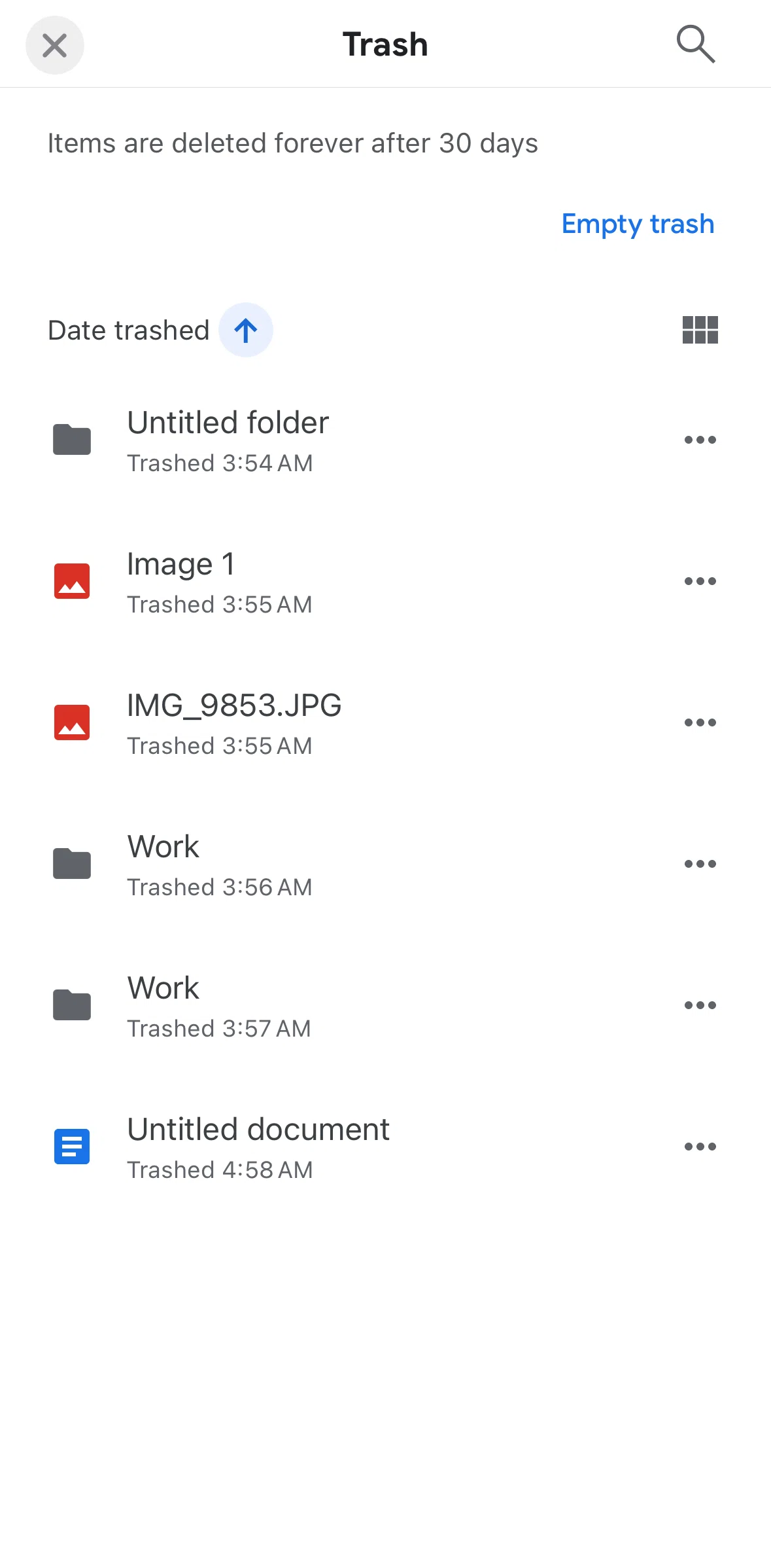 Google Drive Screen screen in the Deleting trash flow