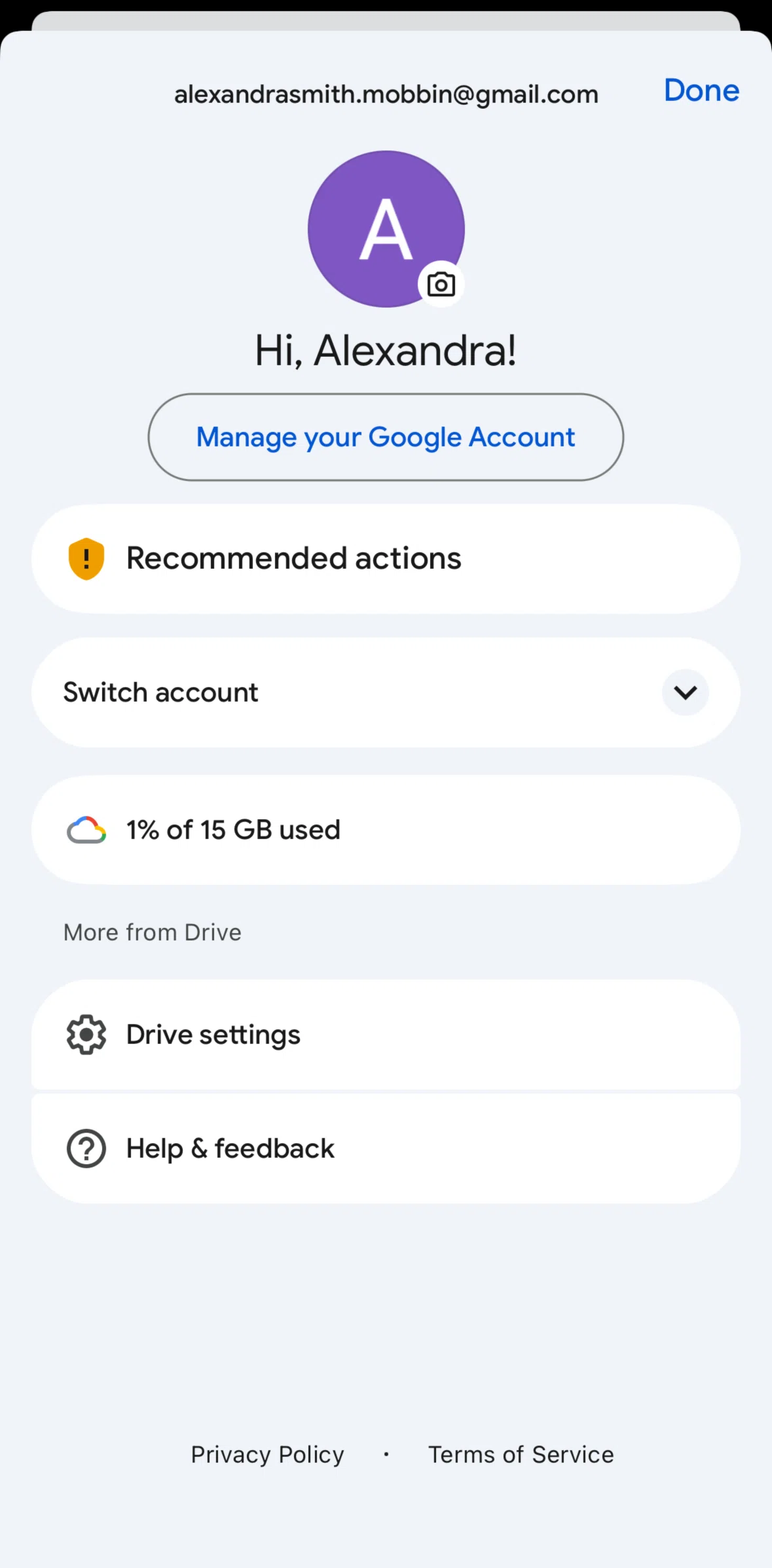 Google Drive Screen screen in the Editing profile flow
