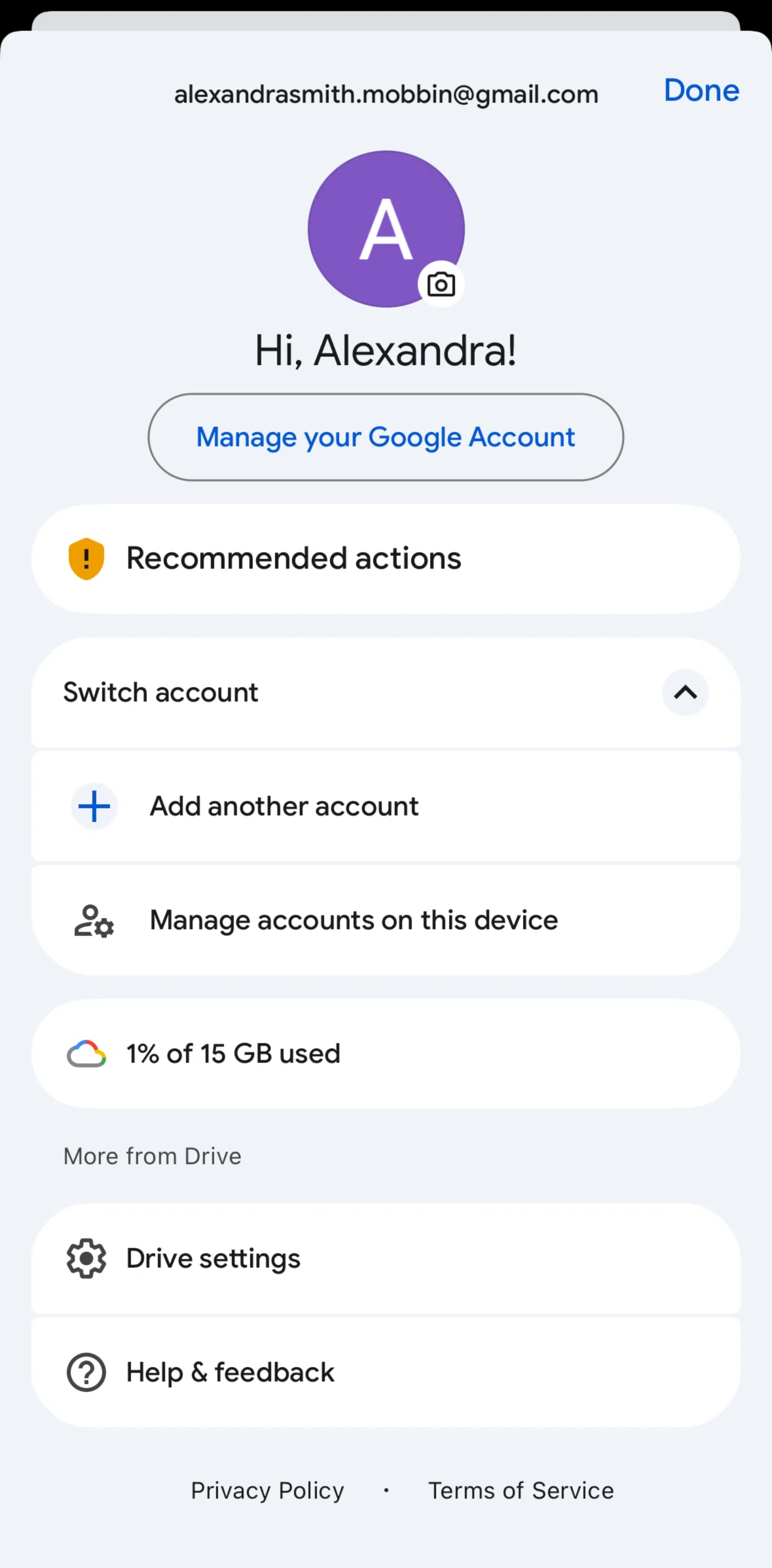 Google Drive Screen screen in the Switching account flow
