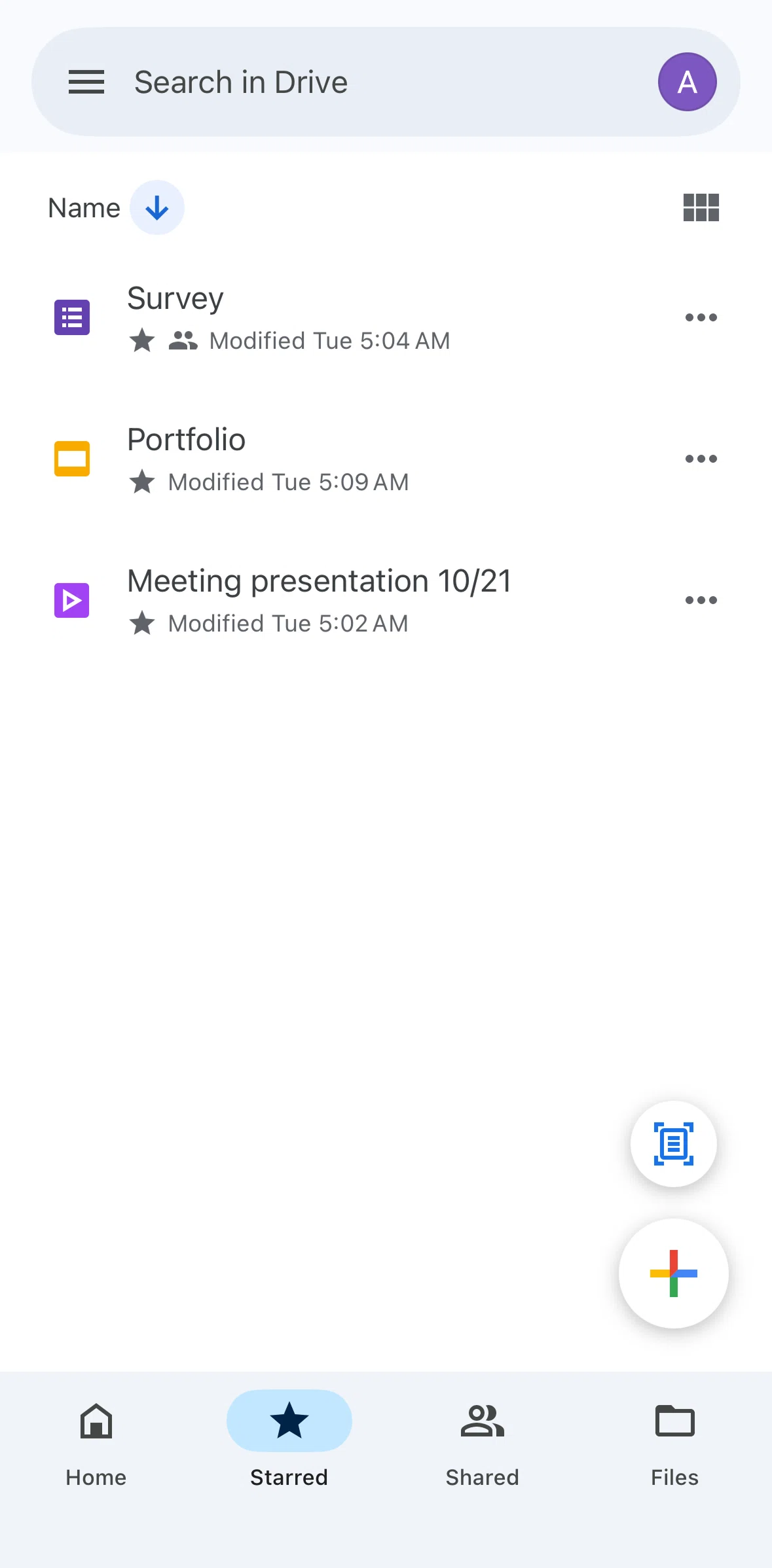 Google Drive Screen screen in the Switching to grid view (Starred) flow