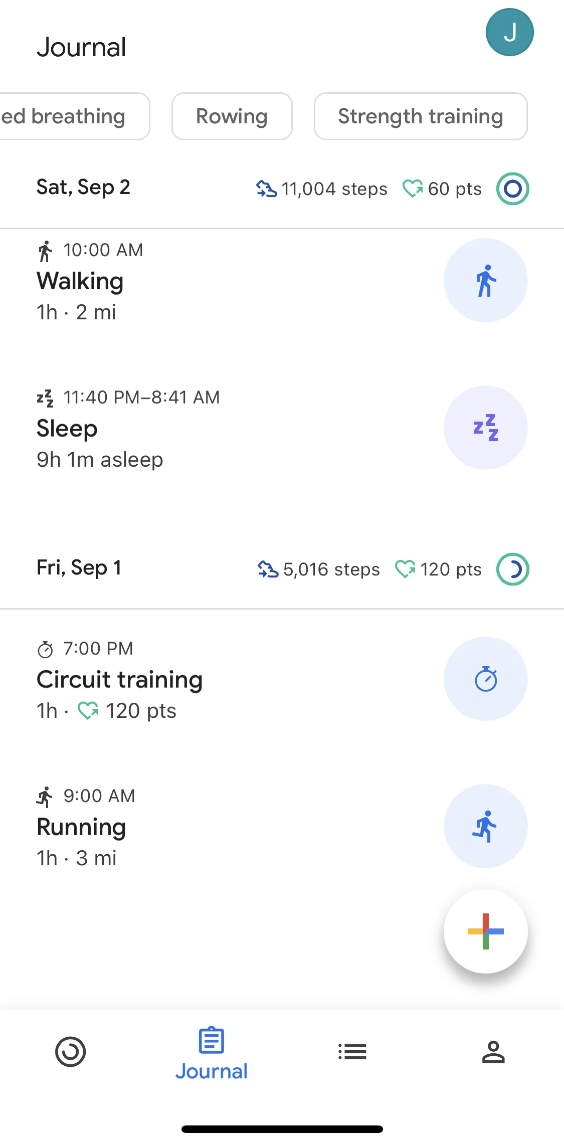 Google Fit Screen screen in the Filtering activities flow