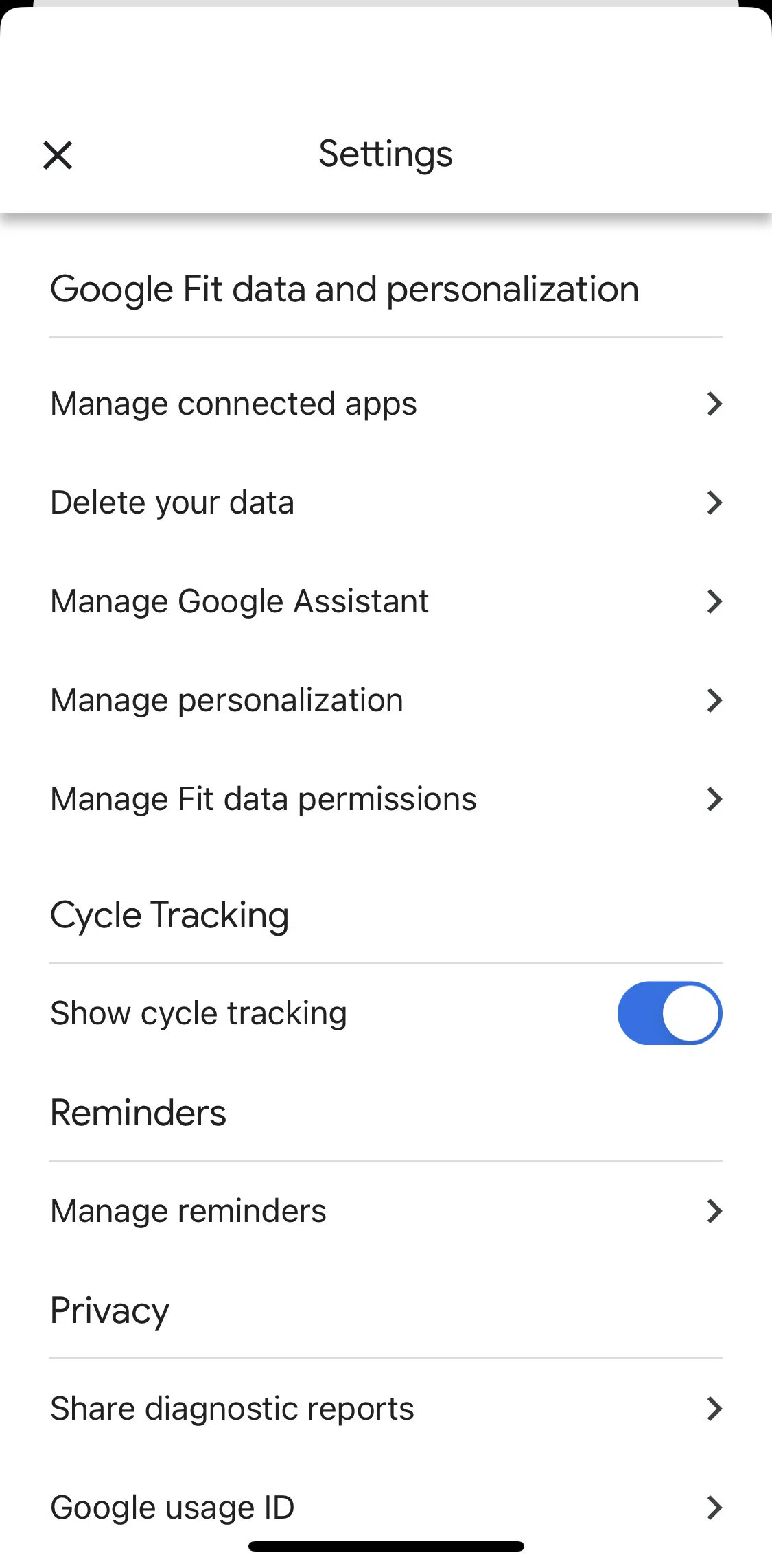 Google Fit Screen screen in the Manage reminder settings flow