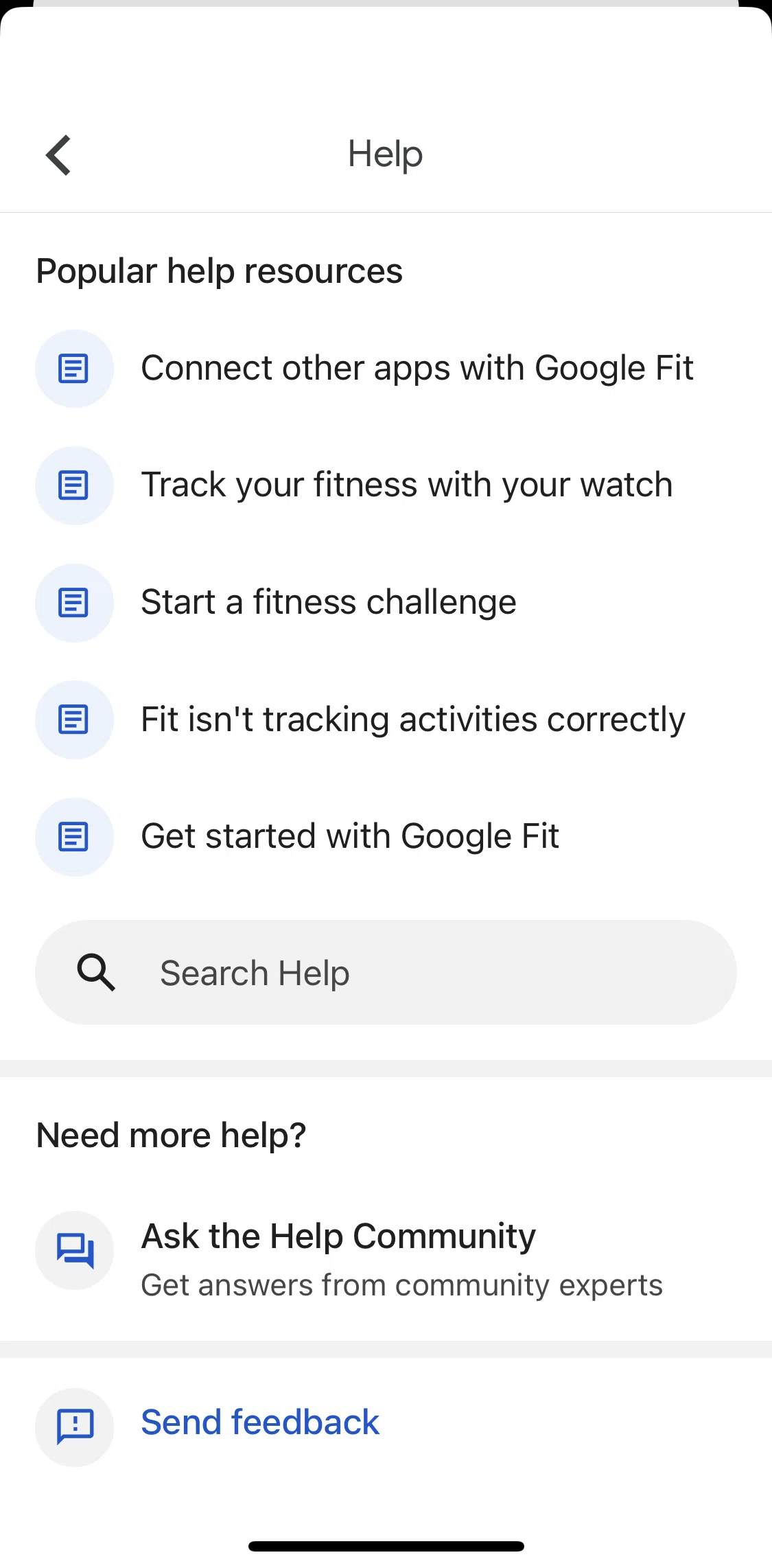 Google Fit Screen screen in the Searching help articles flow