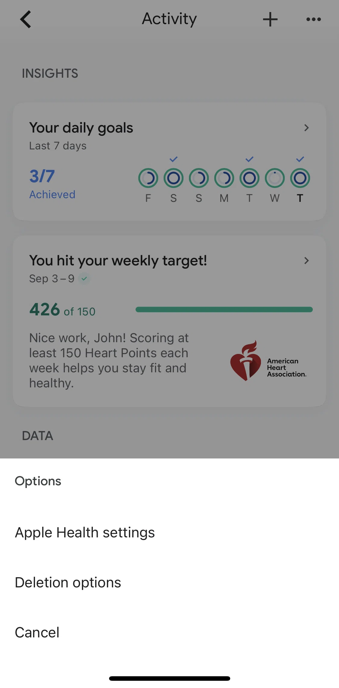 Google Fit Screen screen in the Updating Apple Health settings flow
