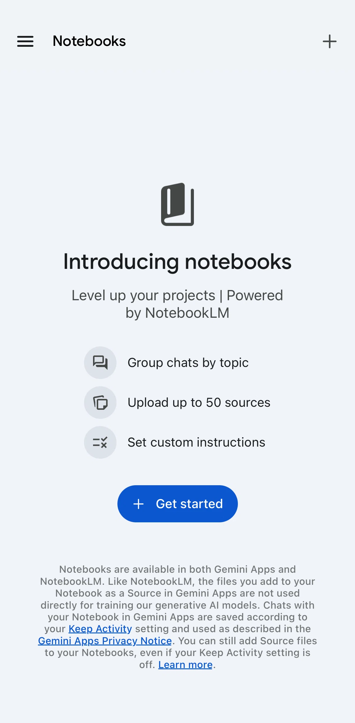 Google Gemini Screen screen in the Creating new notebooks flow