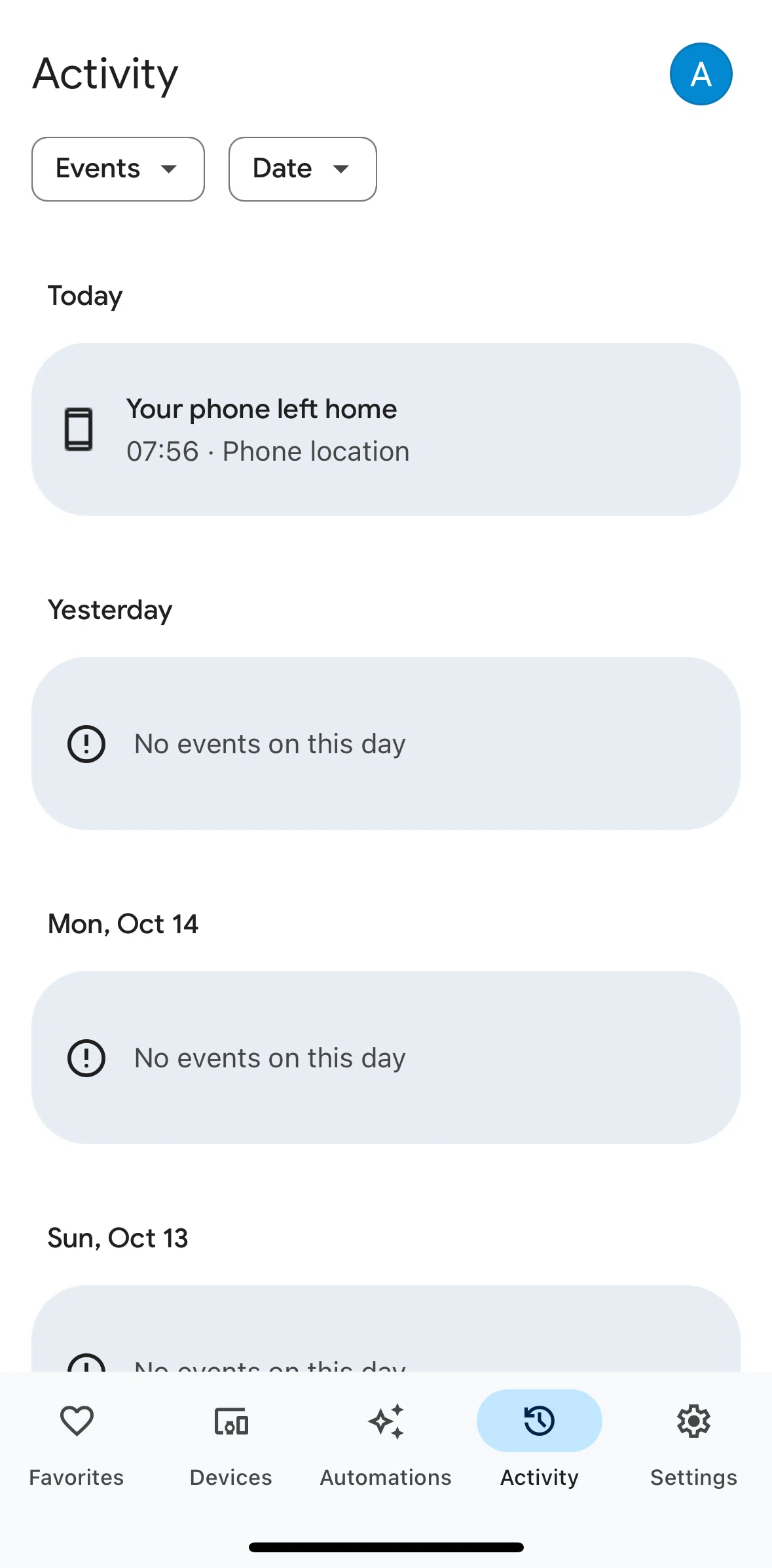 Google Home Screen screen in the Filtering activity by events flow