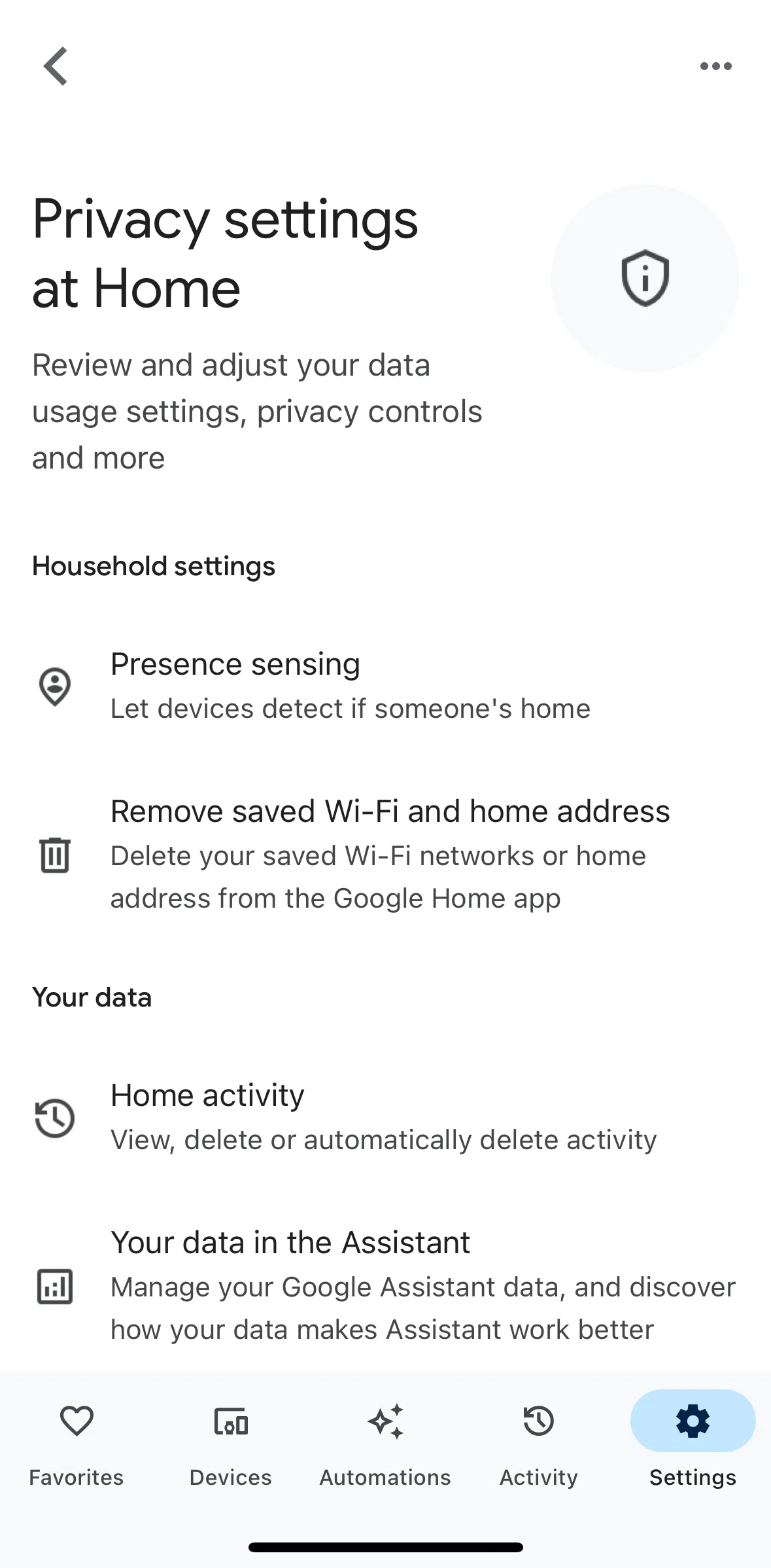 Google Home Screen screen in the Removing saved WiFi and home address flow