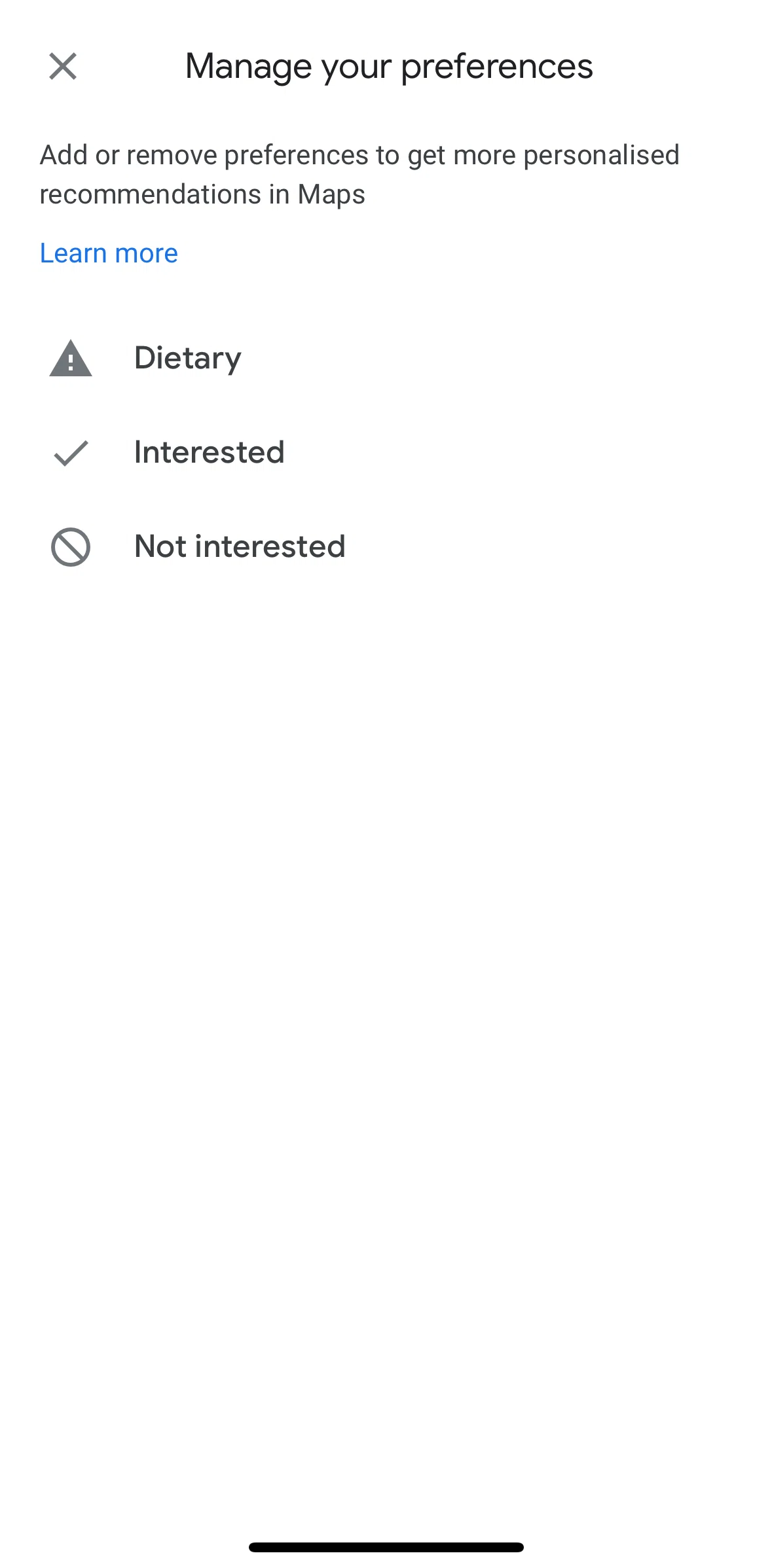 Google Maps Screen screen in the Add dietary preferences flow