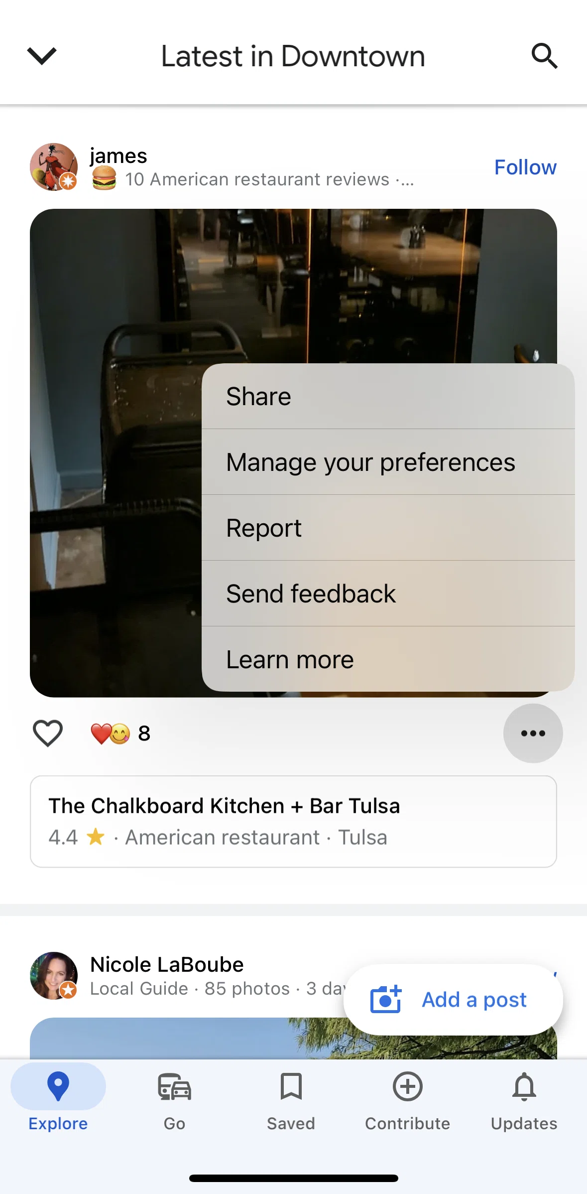 Google Maps Screen screen in the Reporting a post flow