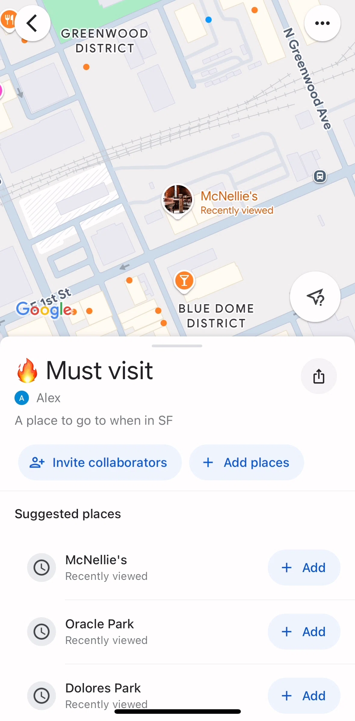 Google Maps Screen screen in the Sharing a list flow