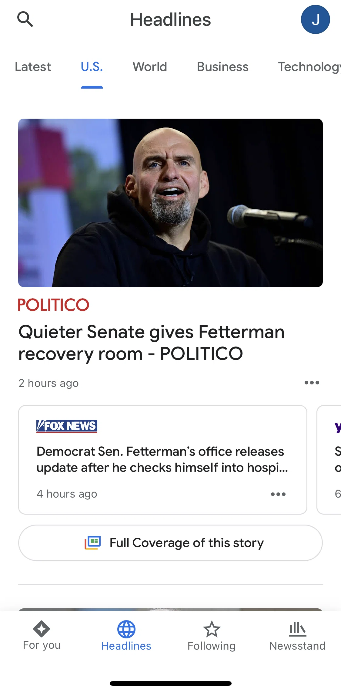 Google News Screen screen in the Headlines flow