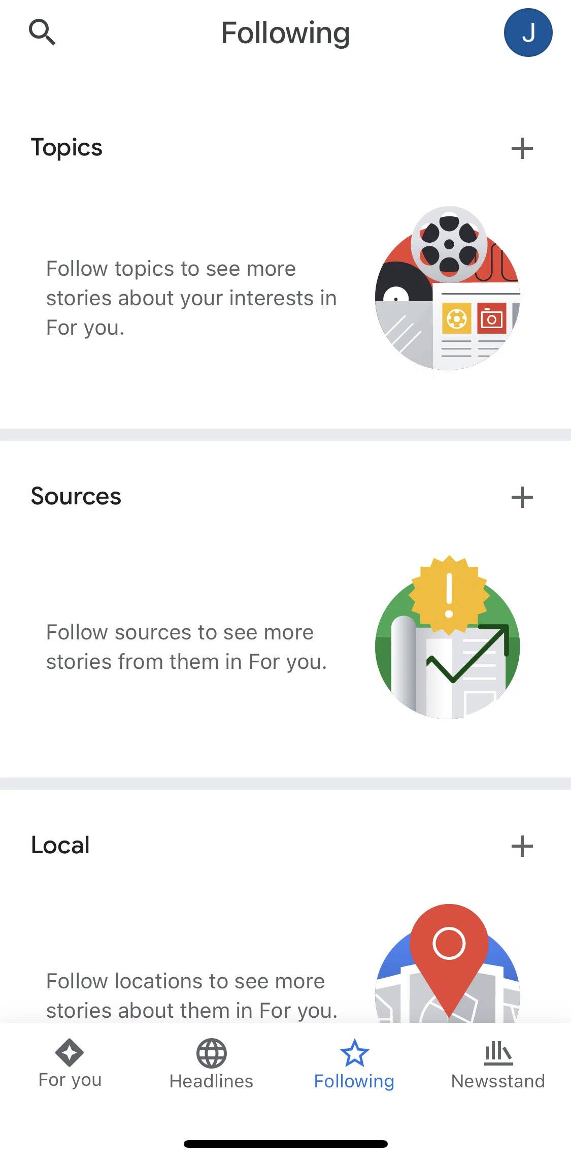 Google News Screen screen in the Searching for topics, locations & sources flow