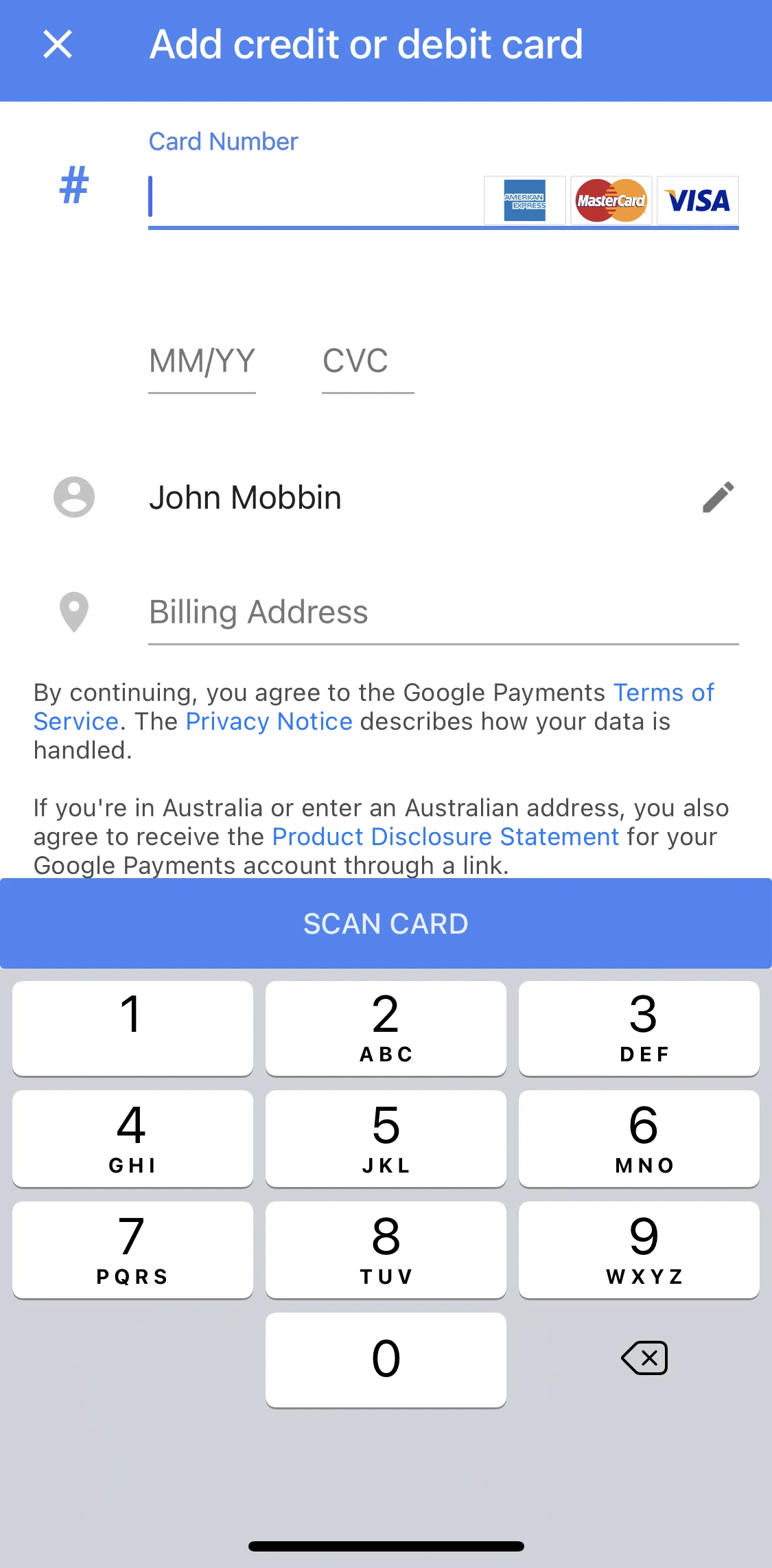 Google Pay Screen screen in the Scanning and adding a card flow