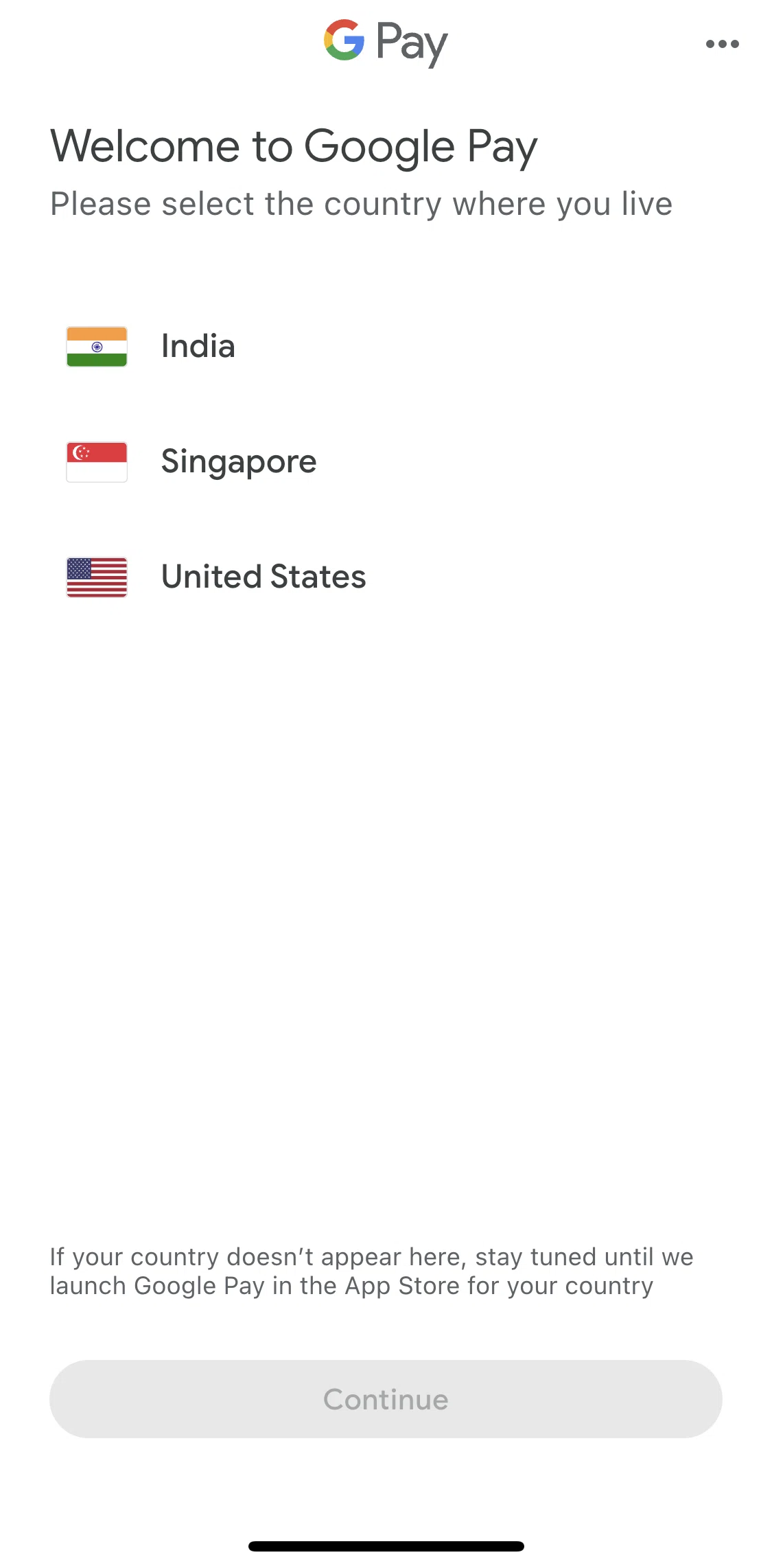 Google Pay Screen screen in the Switching to US account flow
