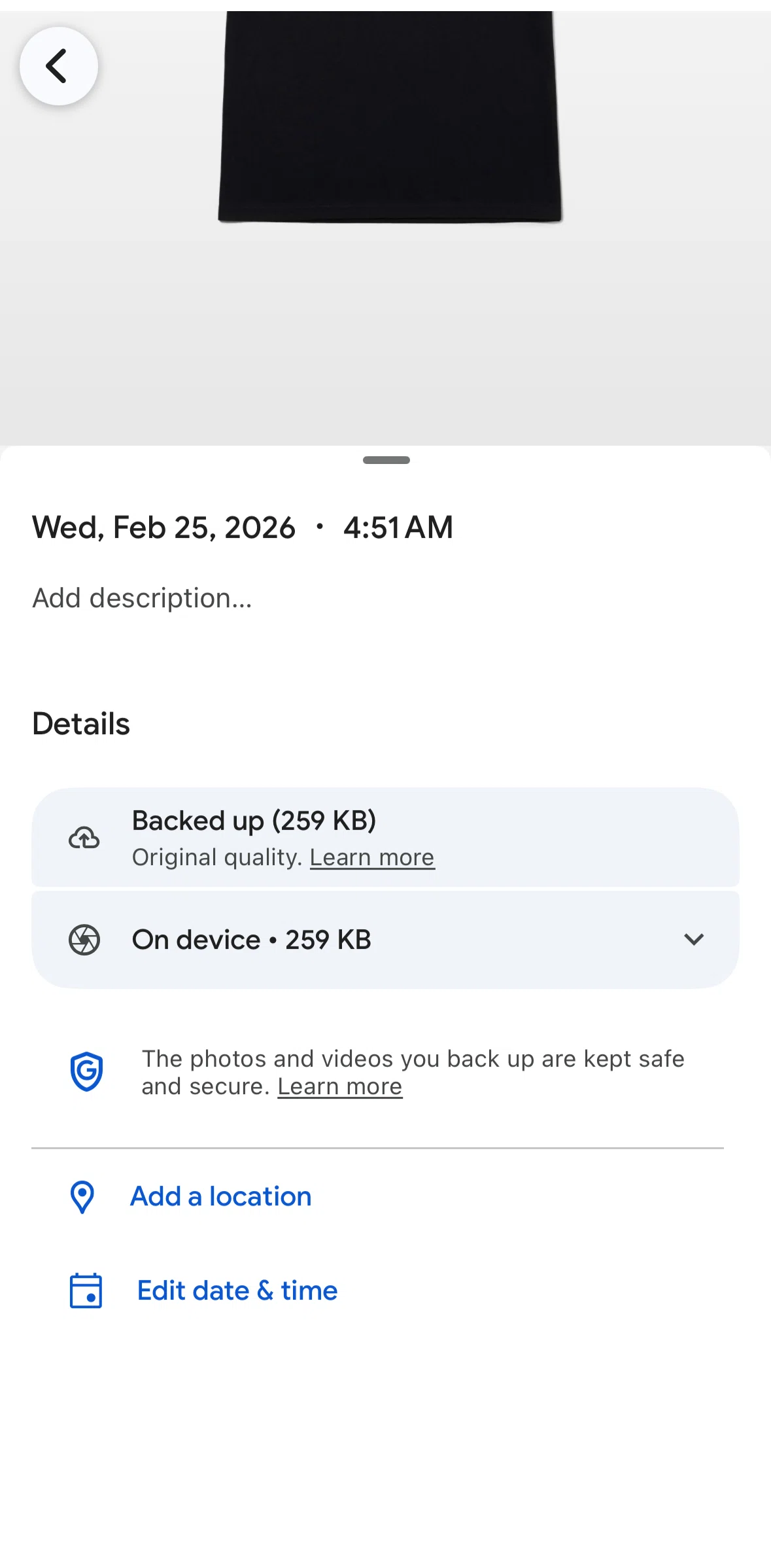 Google Photos Screen screen in the Adding a description flow