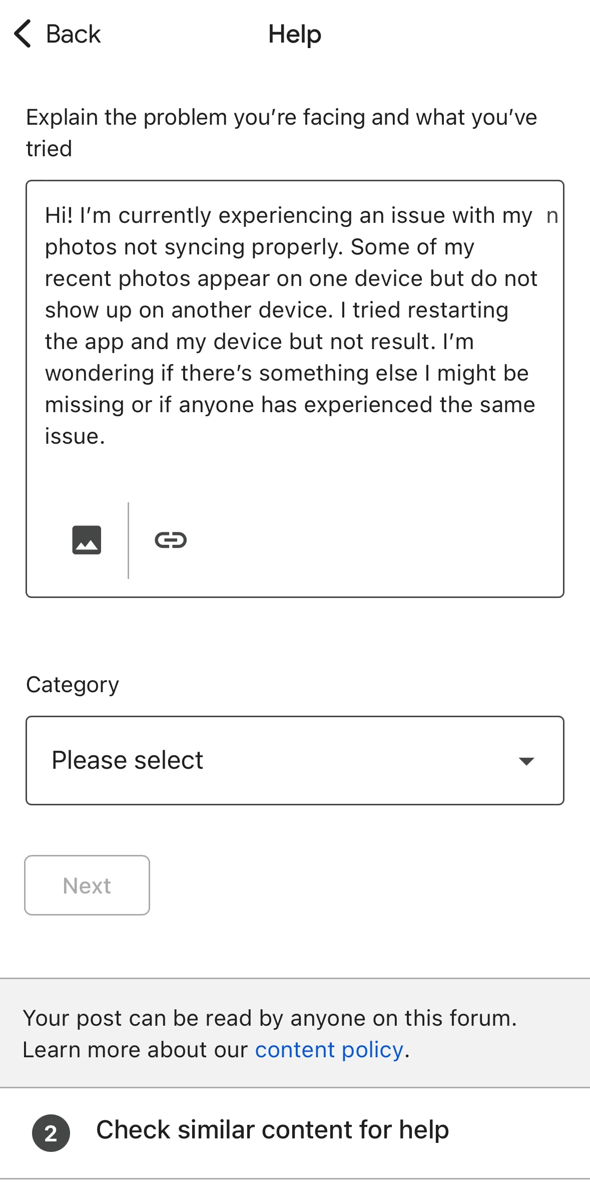 Google Photos Screen screen in the Adding a link flow