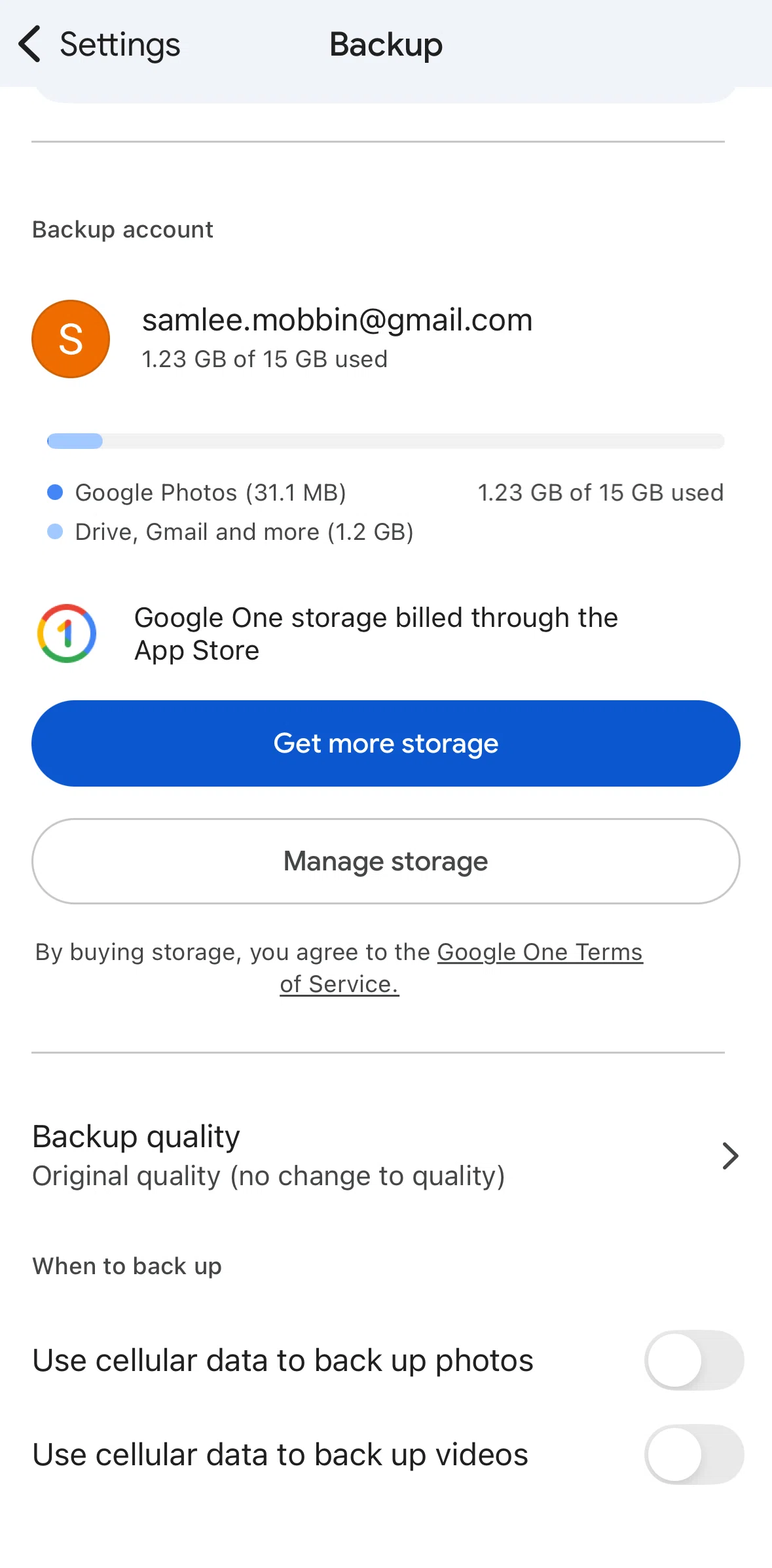 Google Photos Screen screen in the Changing backup quality flow