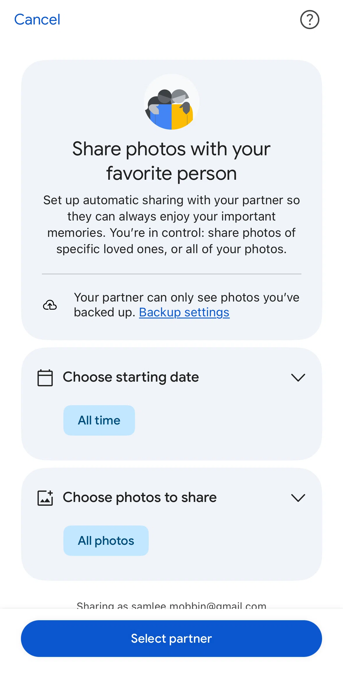 Google Photos Screen screen in the Choosing a starting date flow