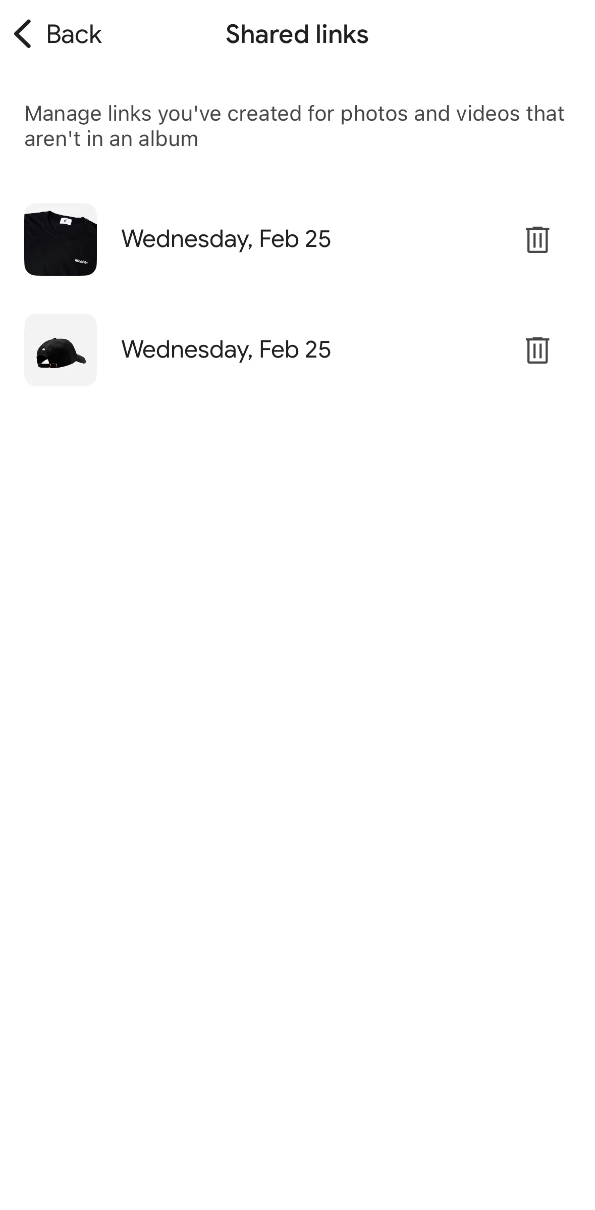 Google Photos Screen screen in the Deleting a shared link flow