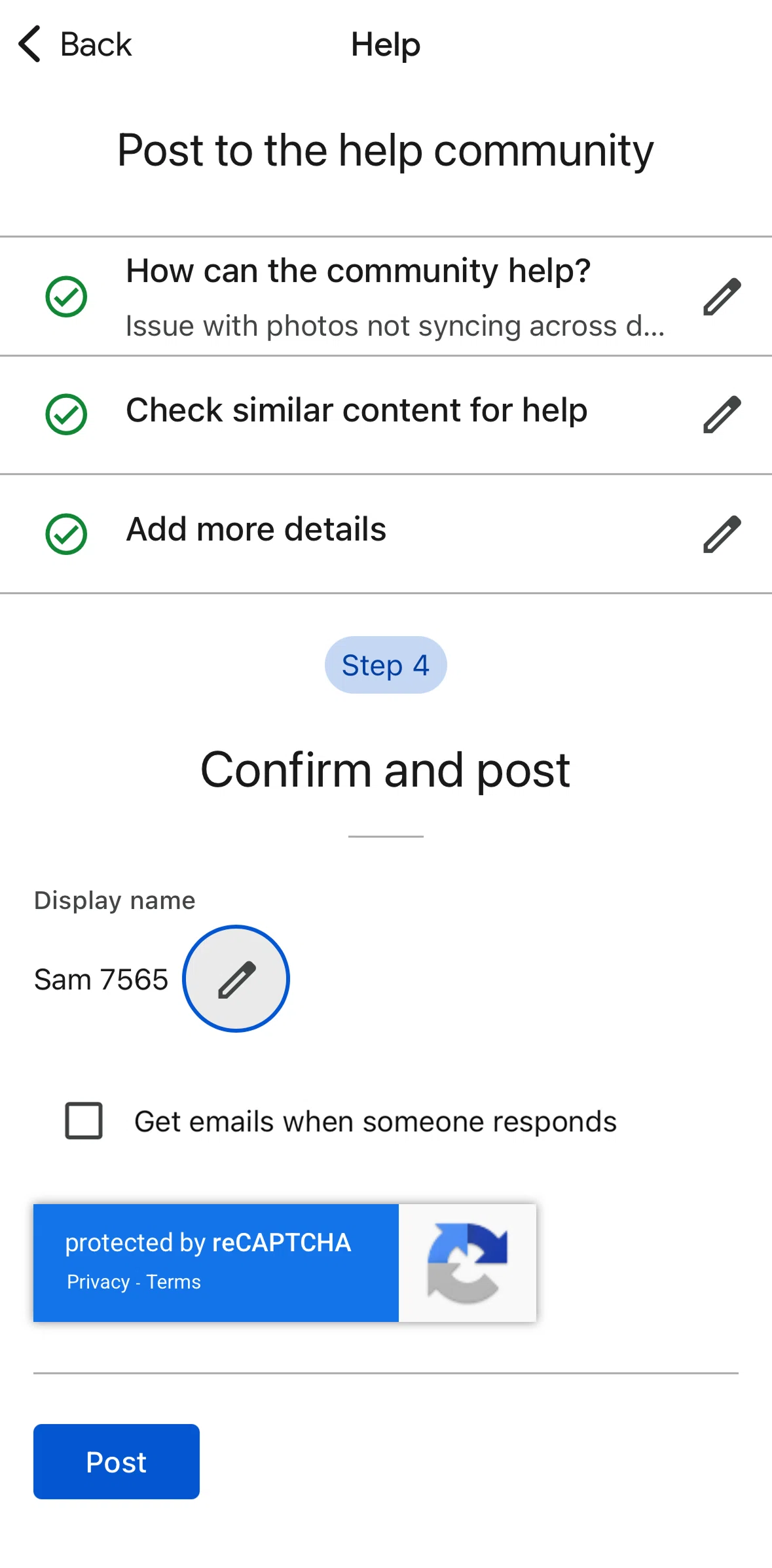 Google Photos Screen screen in the Editing a display name flow