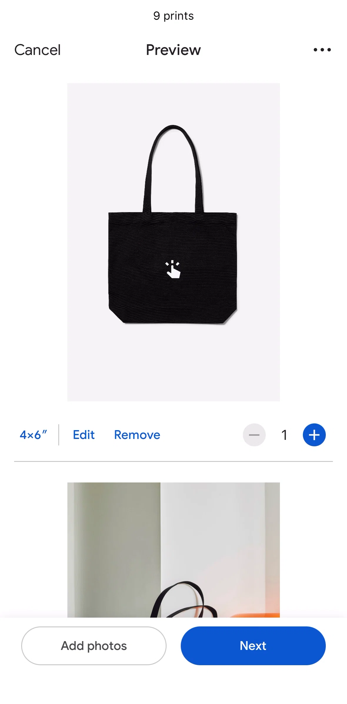 Google Photos Screen screen in the Editing a photo print flow