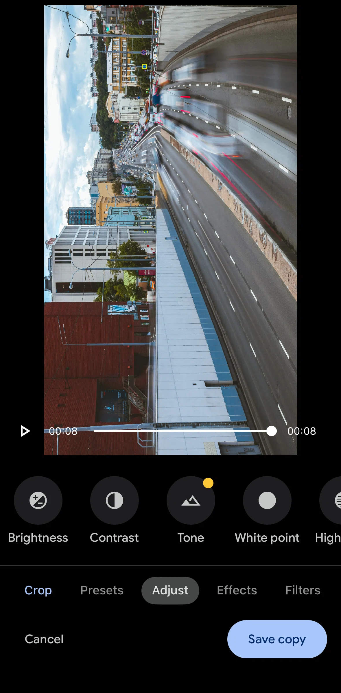 Google Photos Screen screen in the Editing brightness flow