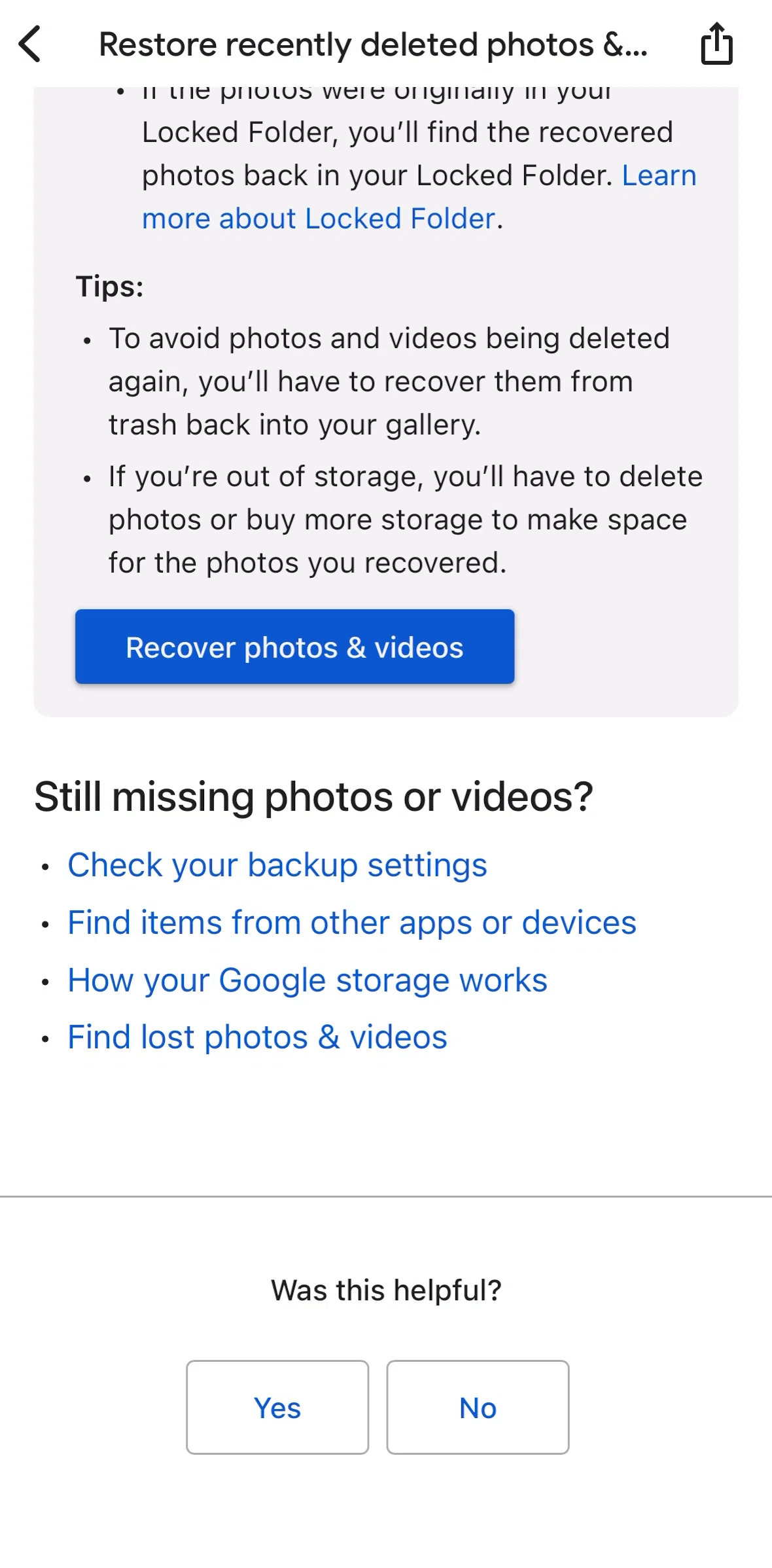 Google Photos Screen screen in the Giving feedback (article) flow