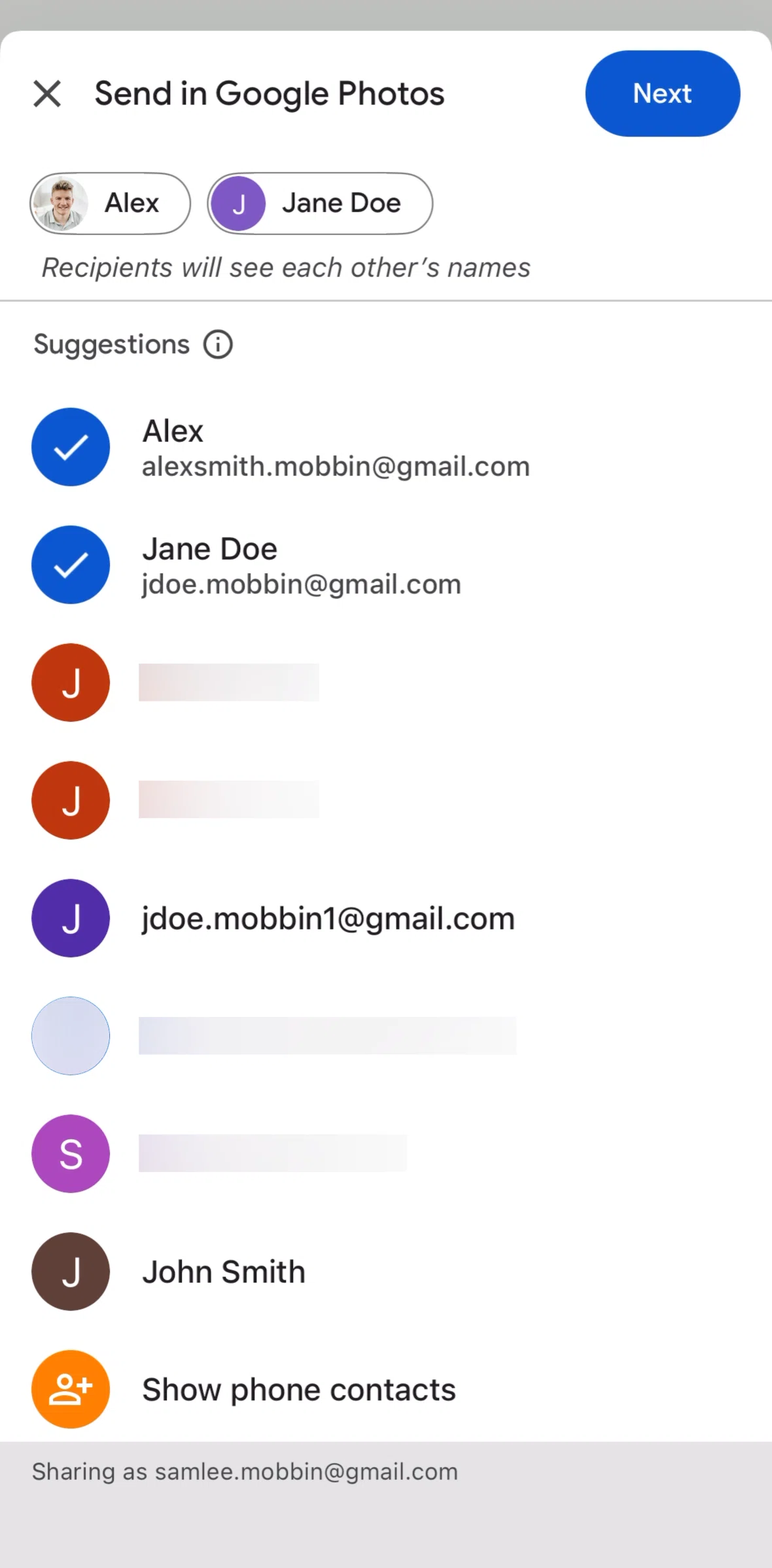 Google Photos Screen screen in the Hiding a recipient's name flow