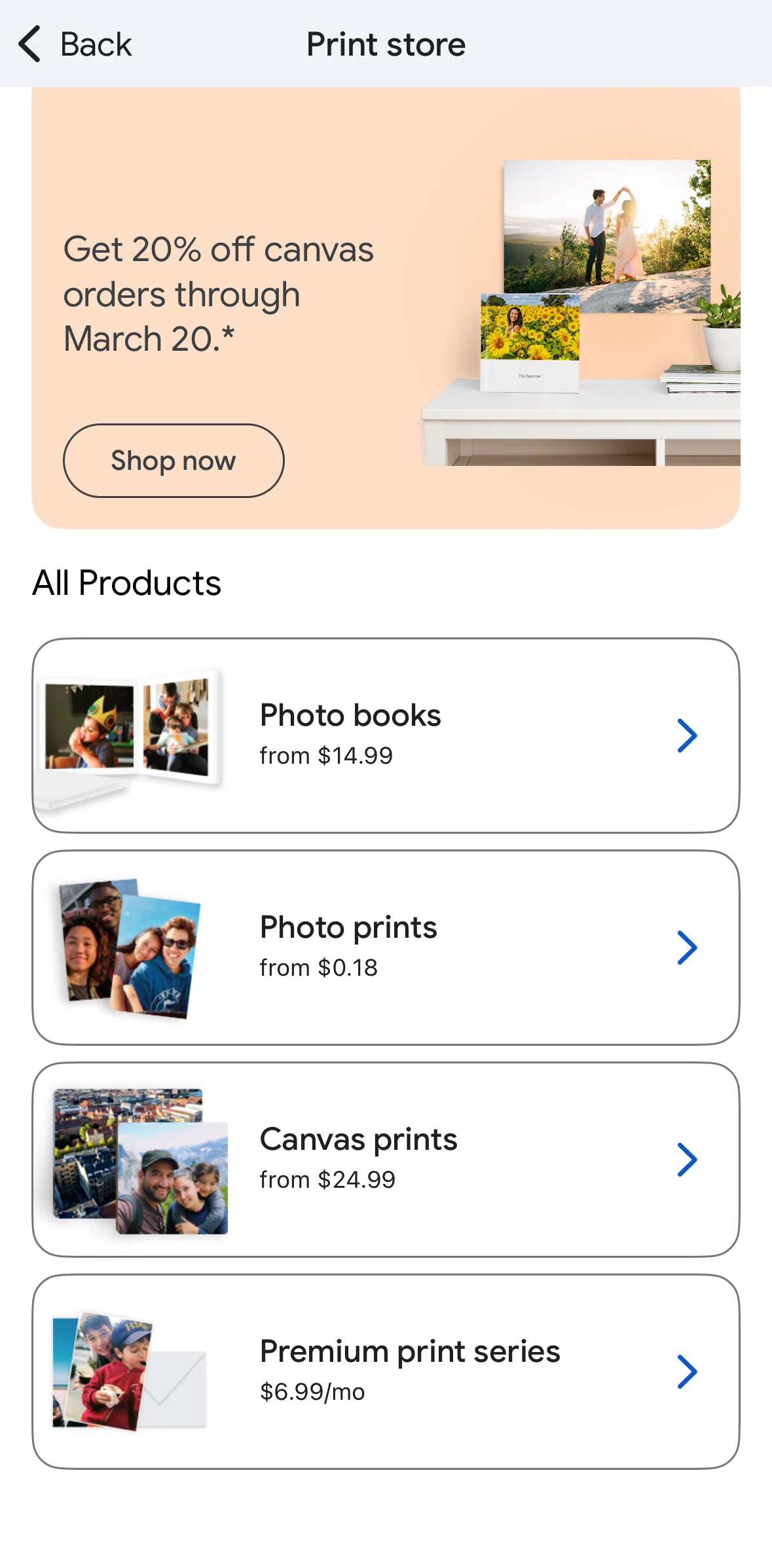 Google Photos Screen screen in the Purchasing a photobook flow