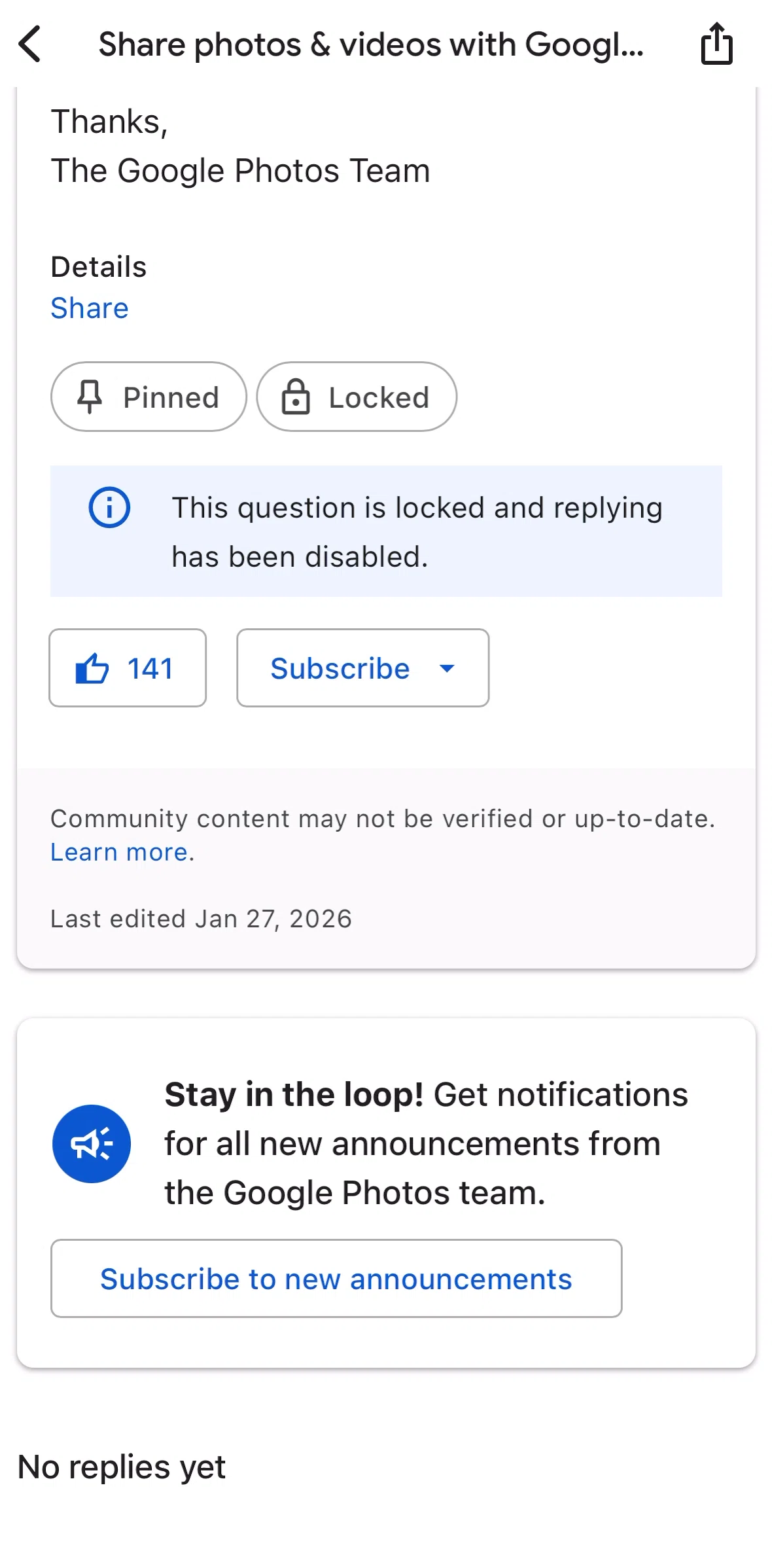 Google Photos Screen screen in the Subscribing to new announcements flow