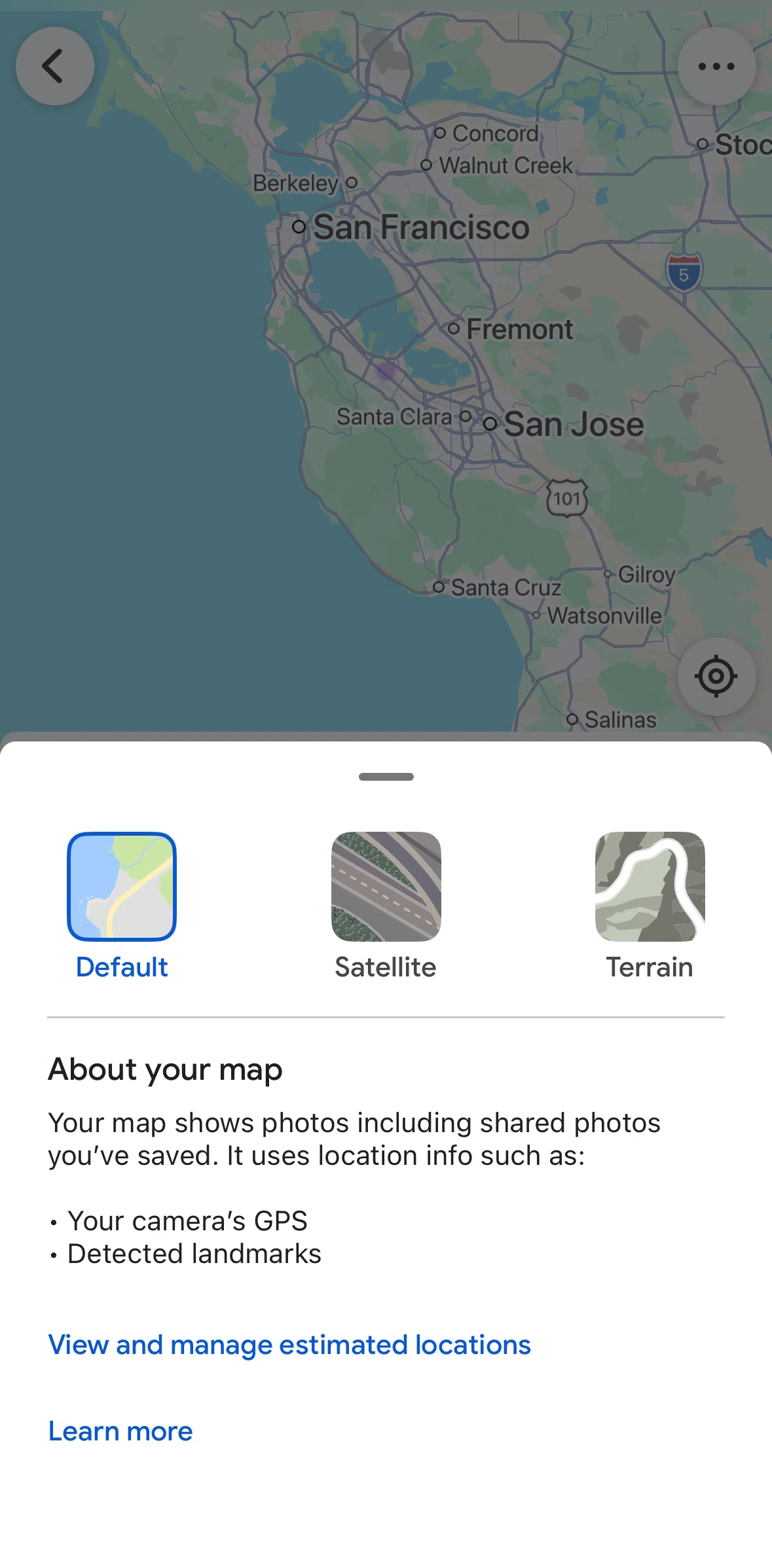 Google Photos Screen screen in the Switching map view (terrain) flow