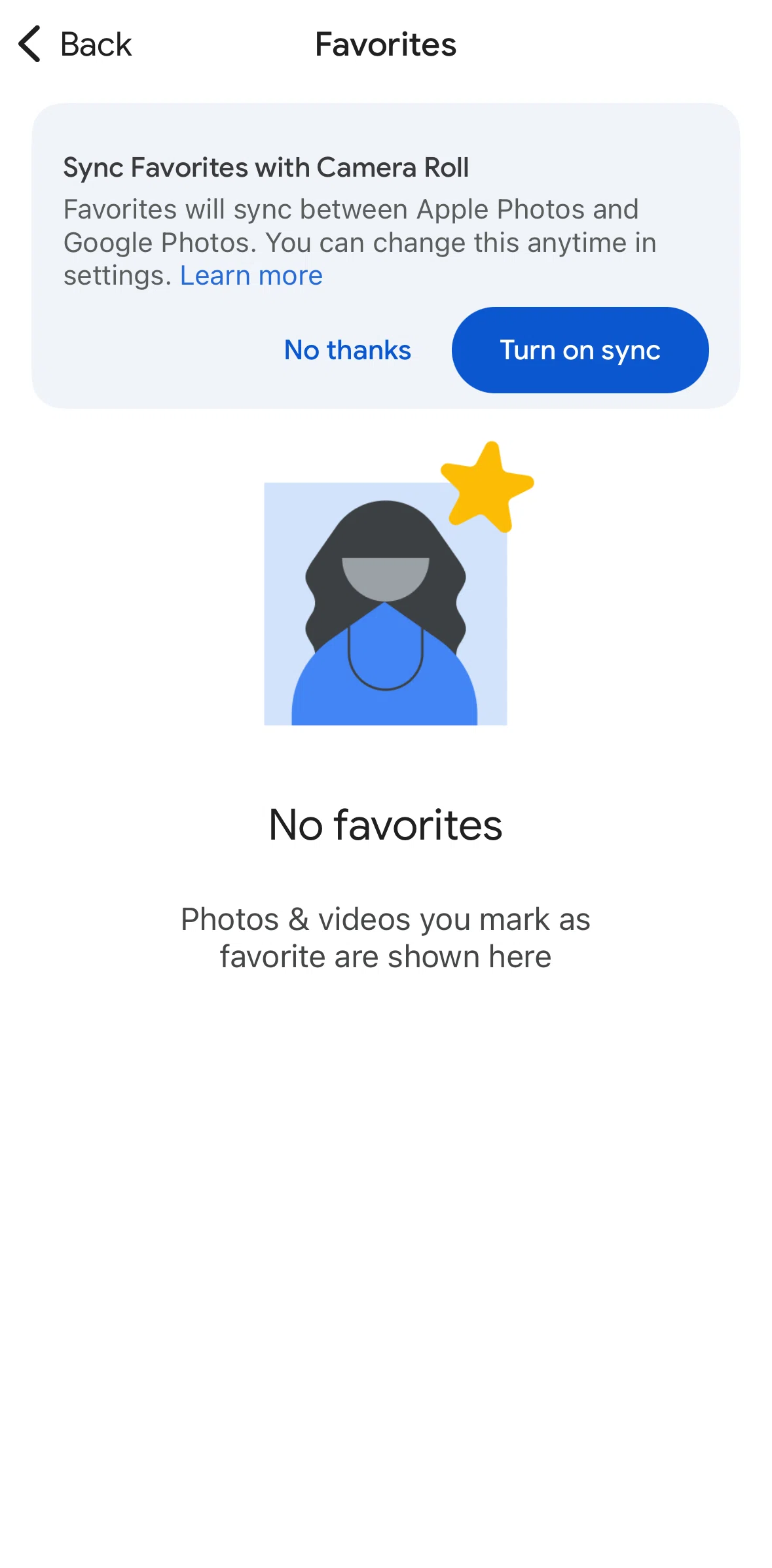 Google Photos Screen screen in the Turning on camera roll sync flow