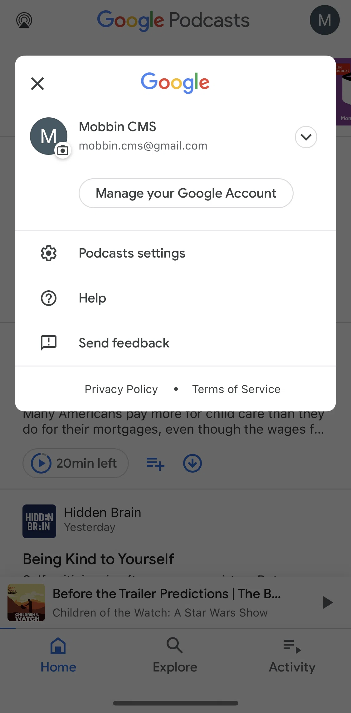 Google Podcasts Screen screen in the Account flow