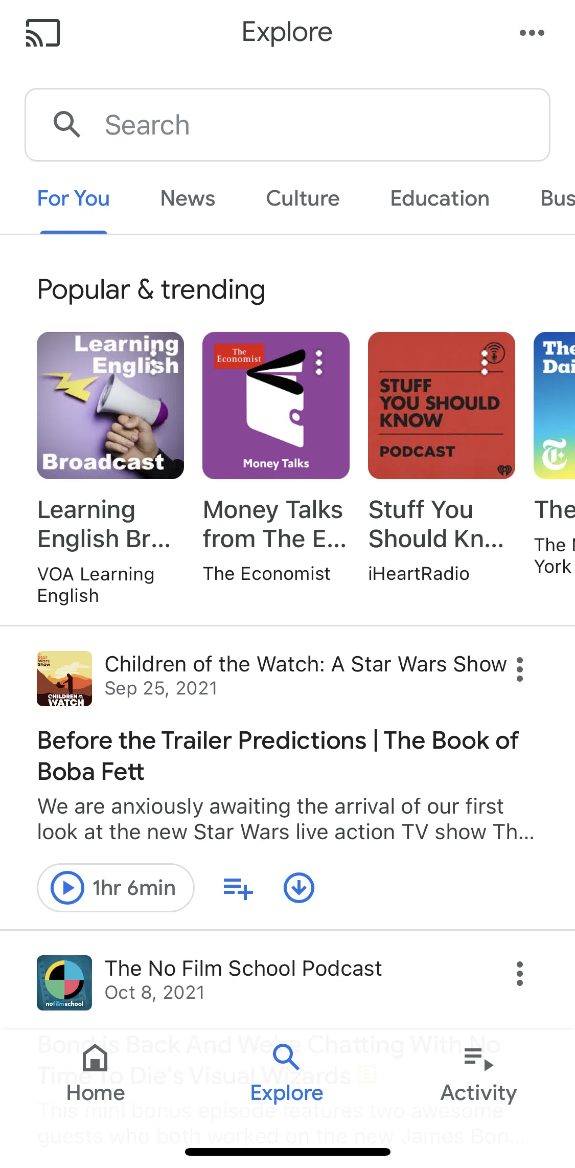 Google Podcasts Screen screen in the Explore flow